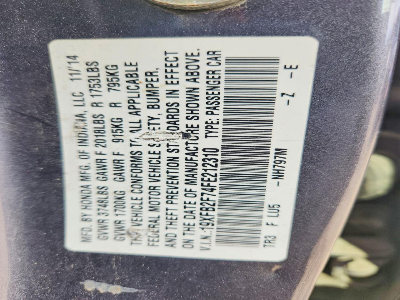 2015 Honda Civic Se Gray vin: 19XFB2F74FE212310