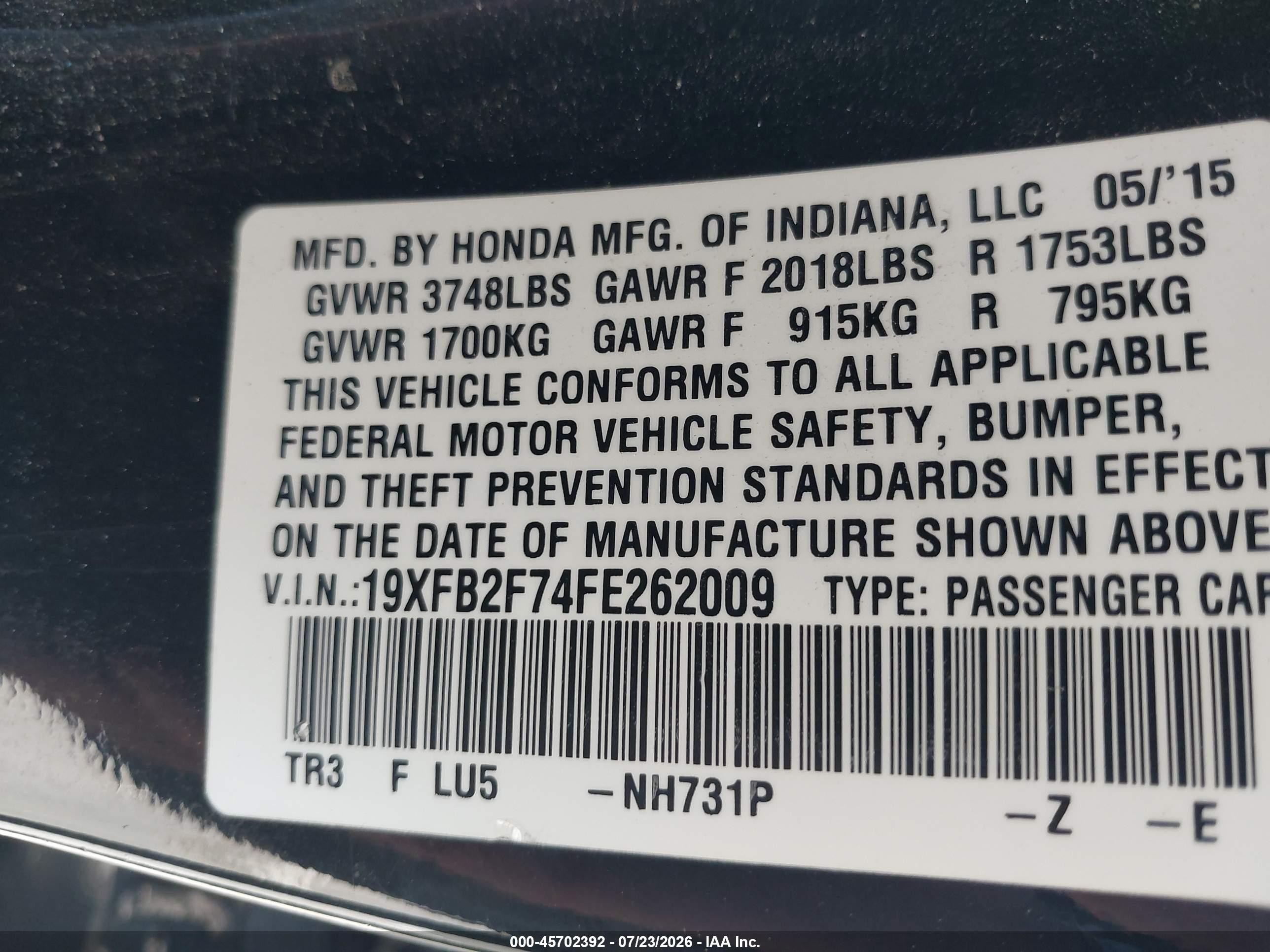 2015 Honda Civic Se Black vin: 19XFB2F74FE262009