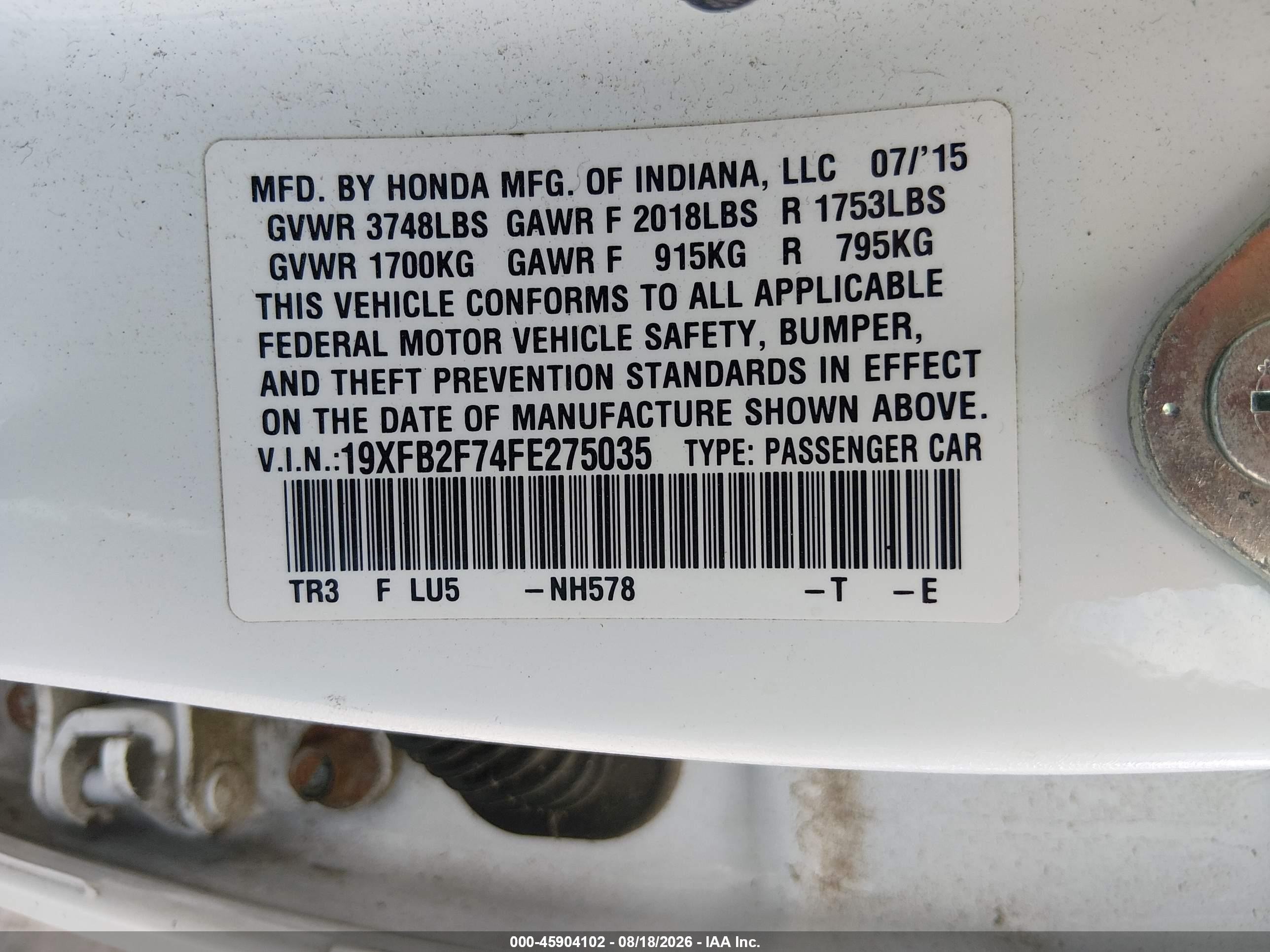 2015 Honda Civic Se White vin: 19XFB2F74FE275035