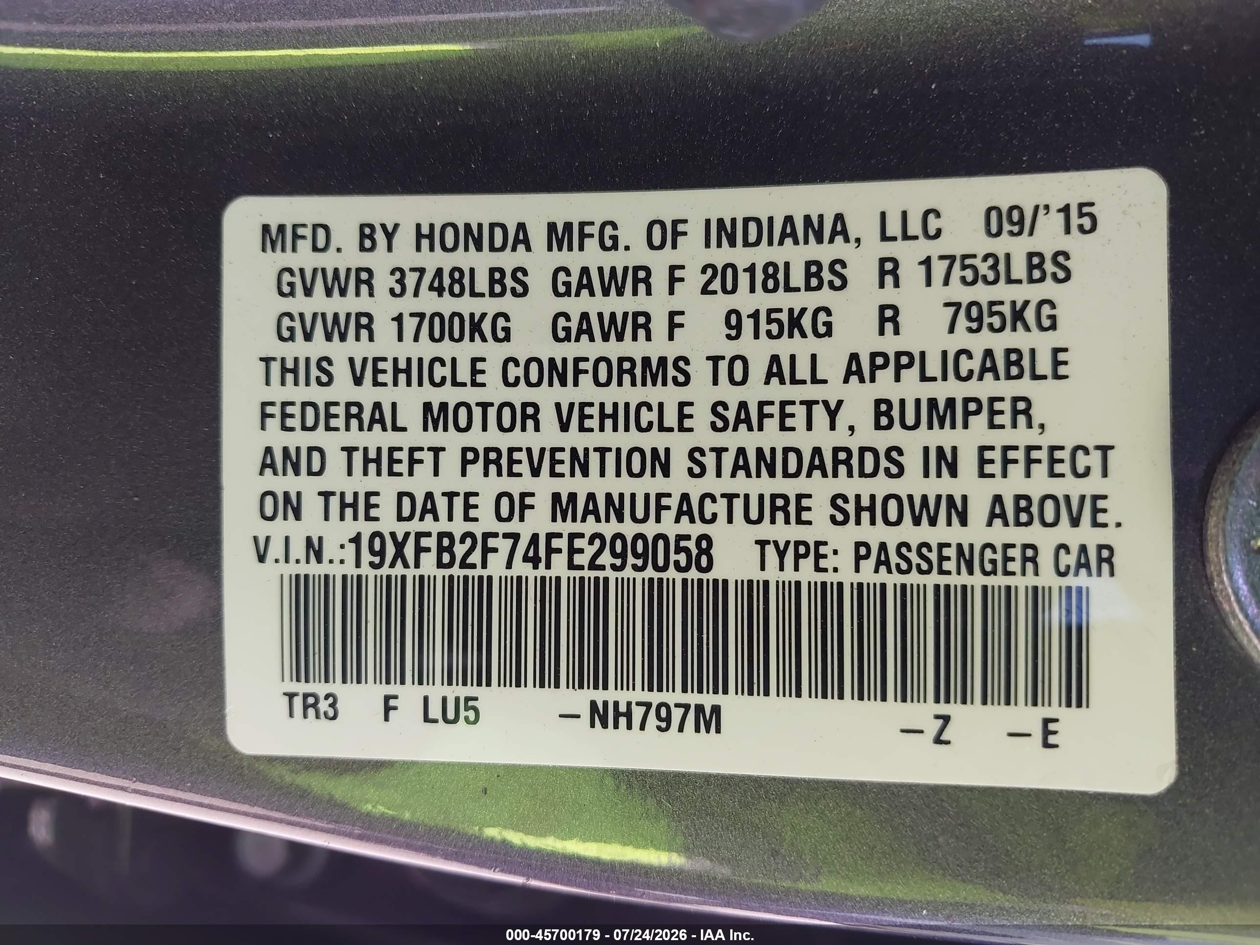 2015 Honda Civic Se Gray vin: 19XFB2F74FE299058