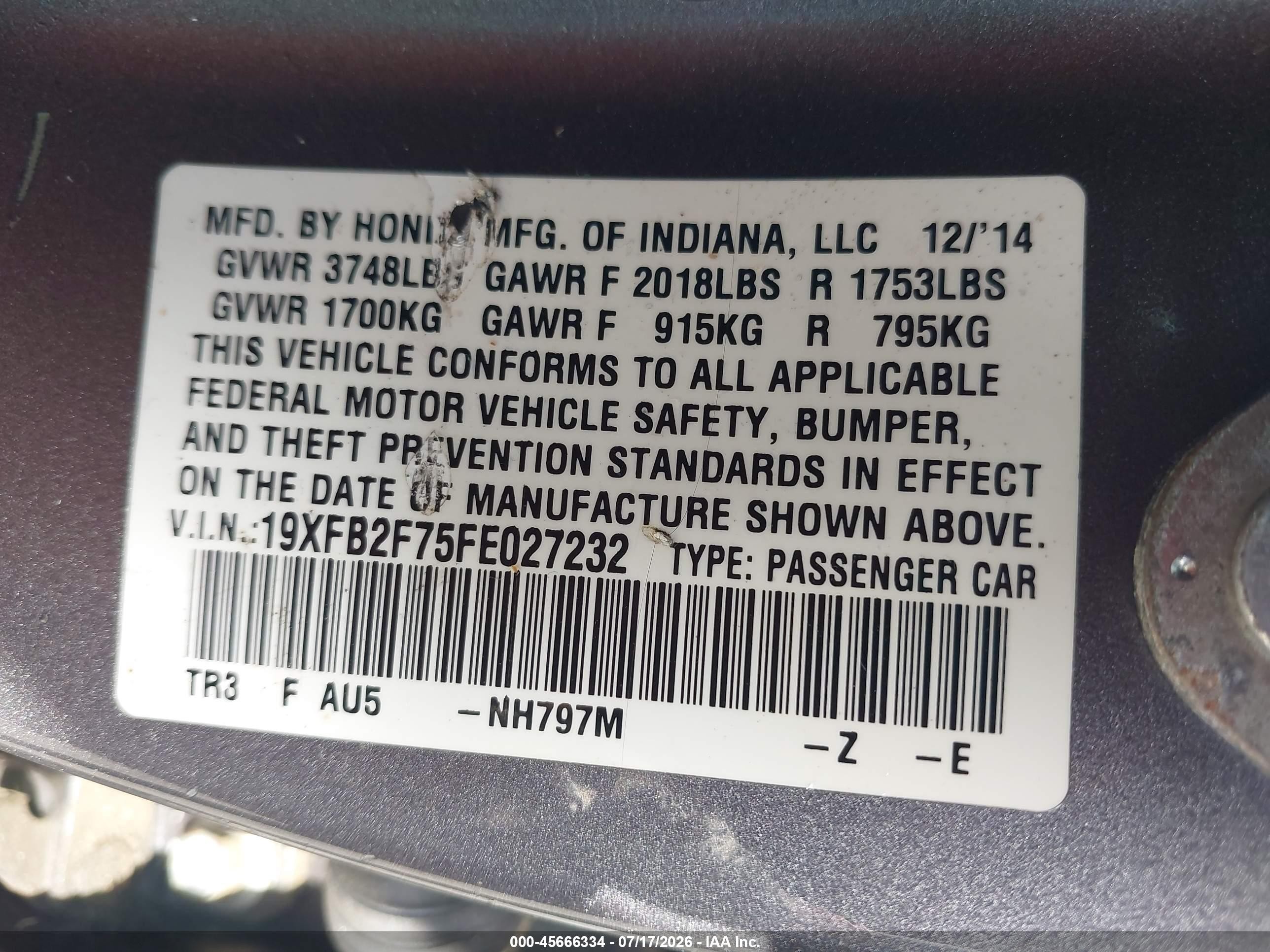 2015 Honda Civic Se Серый vin: 19XFB2F75FE027232