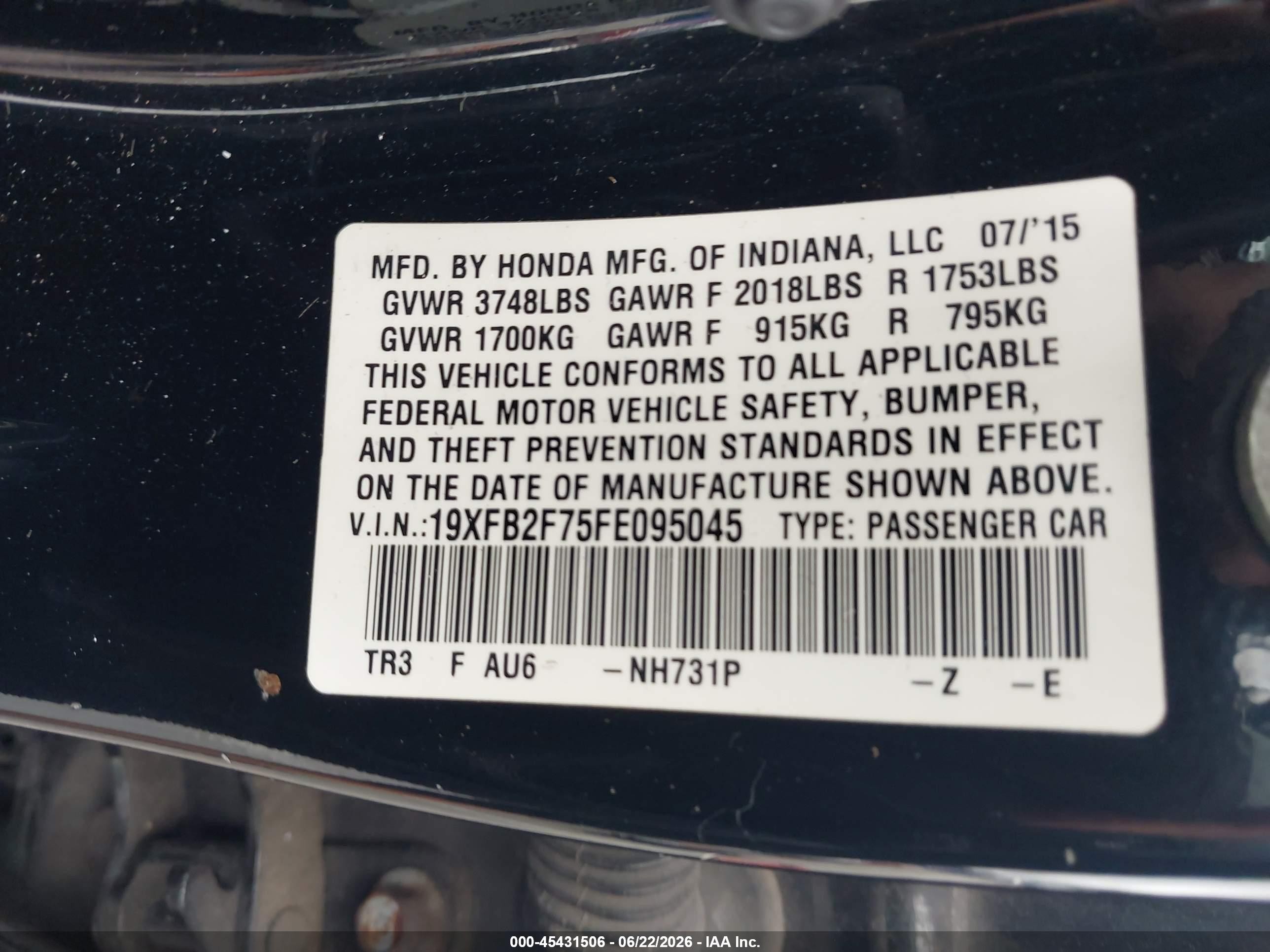 2015 Honda Civic Se Black vin: 19XFB2F75FE095045