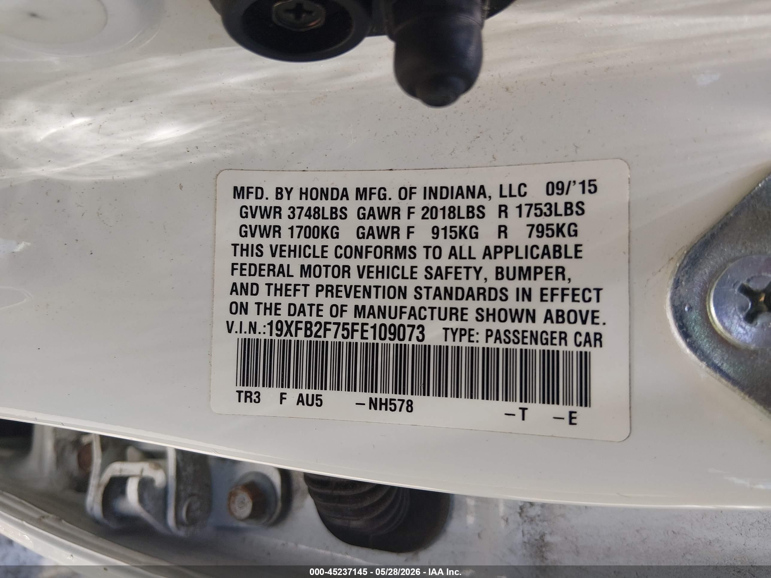 2015 Honda Civic Se White vin: 19XFB2F75FE109073