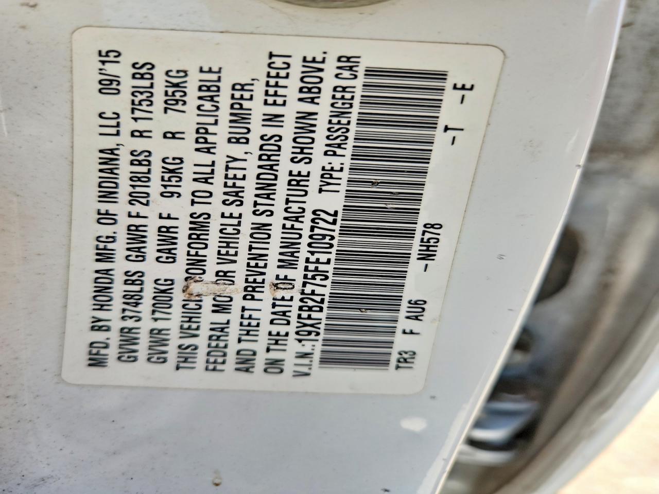 2015 Honda Civic Se White vin: 19XFB2F75FE109722