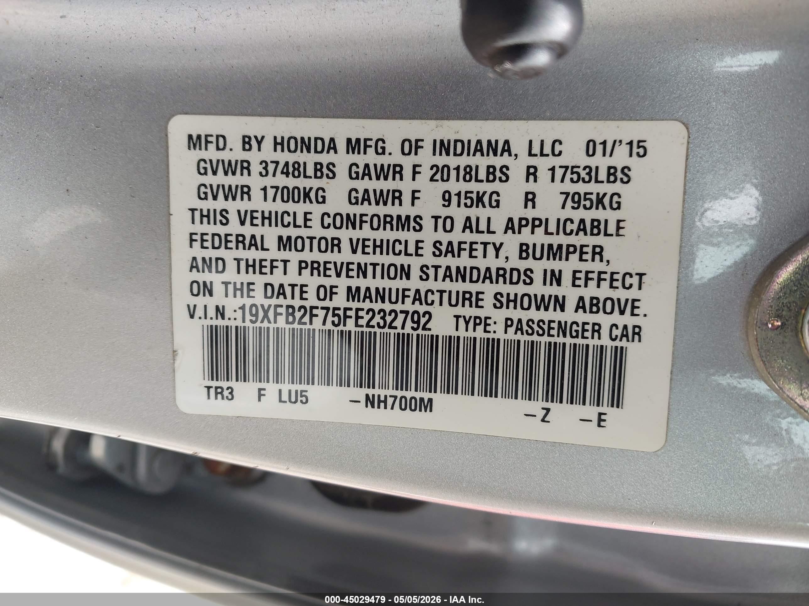 2015 Honda Civic Se Серебряный vin: 19XFB2F75FE232792
