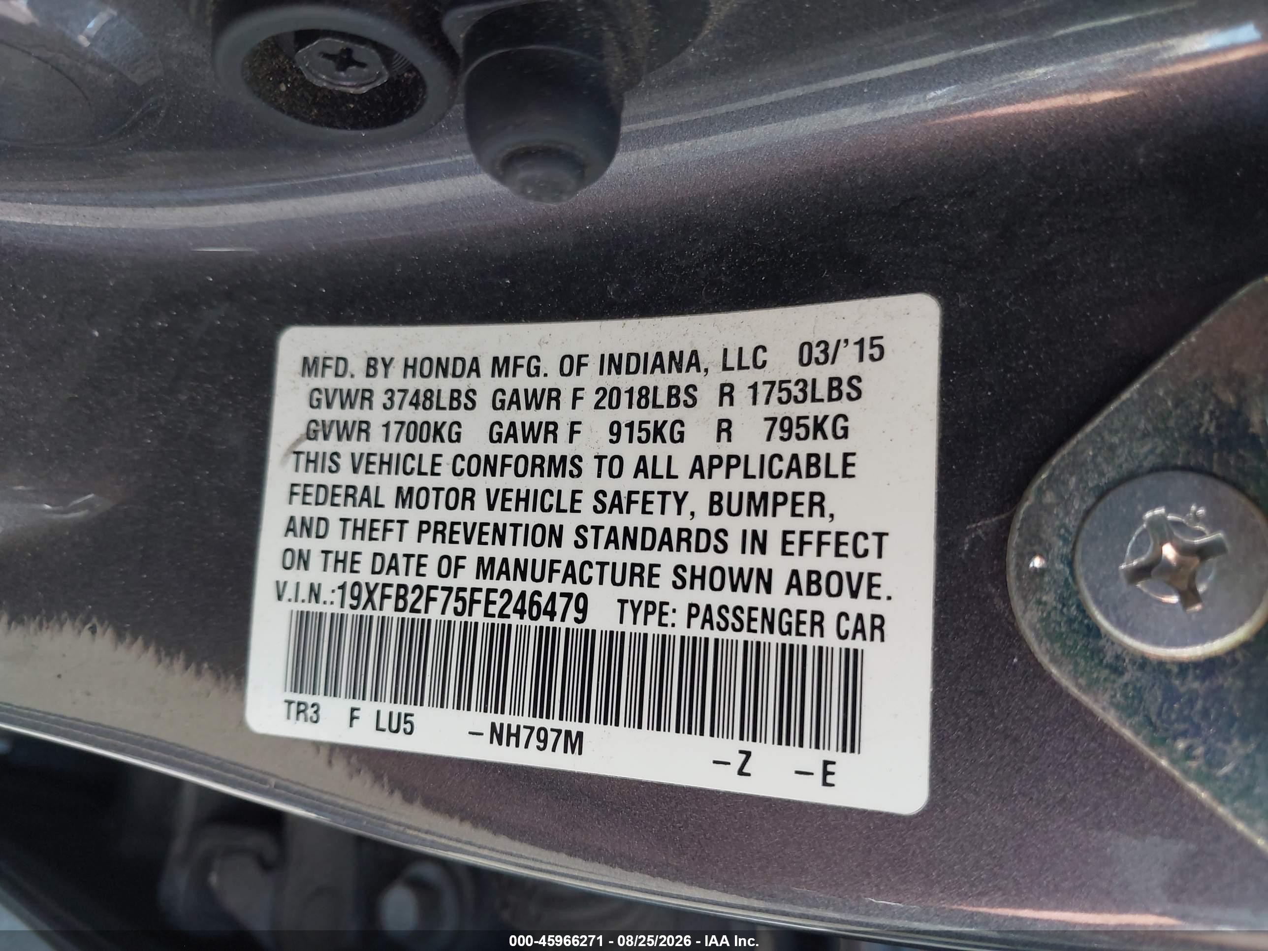 2015 Honda Civic Se Gray vin: 19XFB2F75FE246479