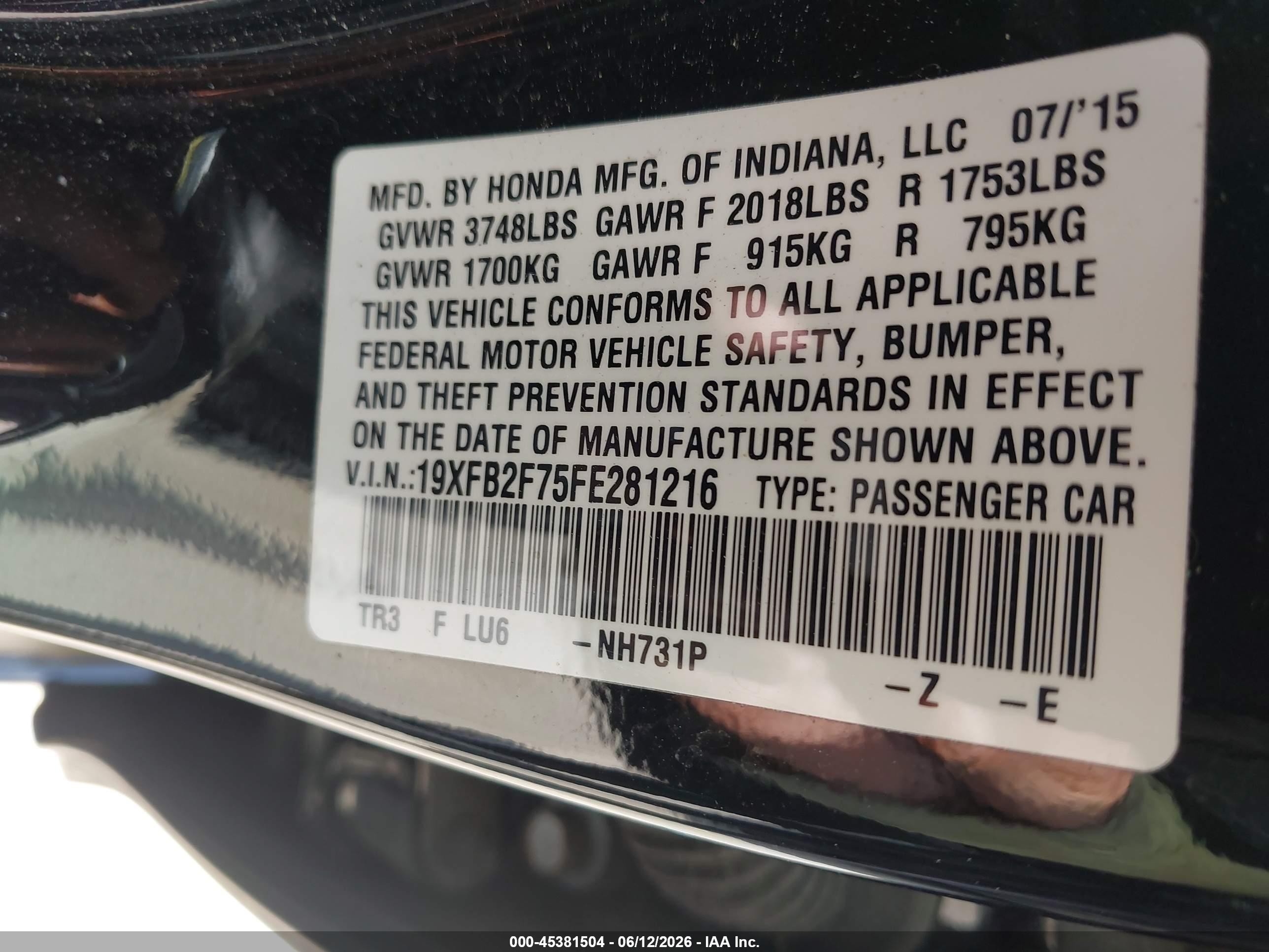 2015 Honda Civic Se Black vin: 19XFB2F75FE281216