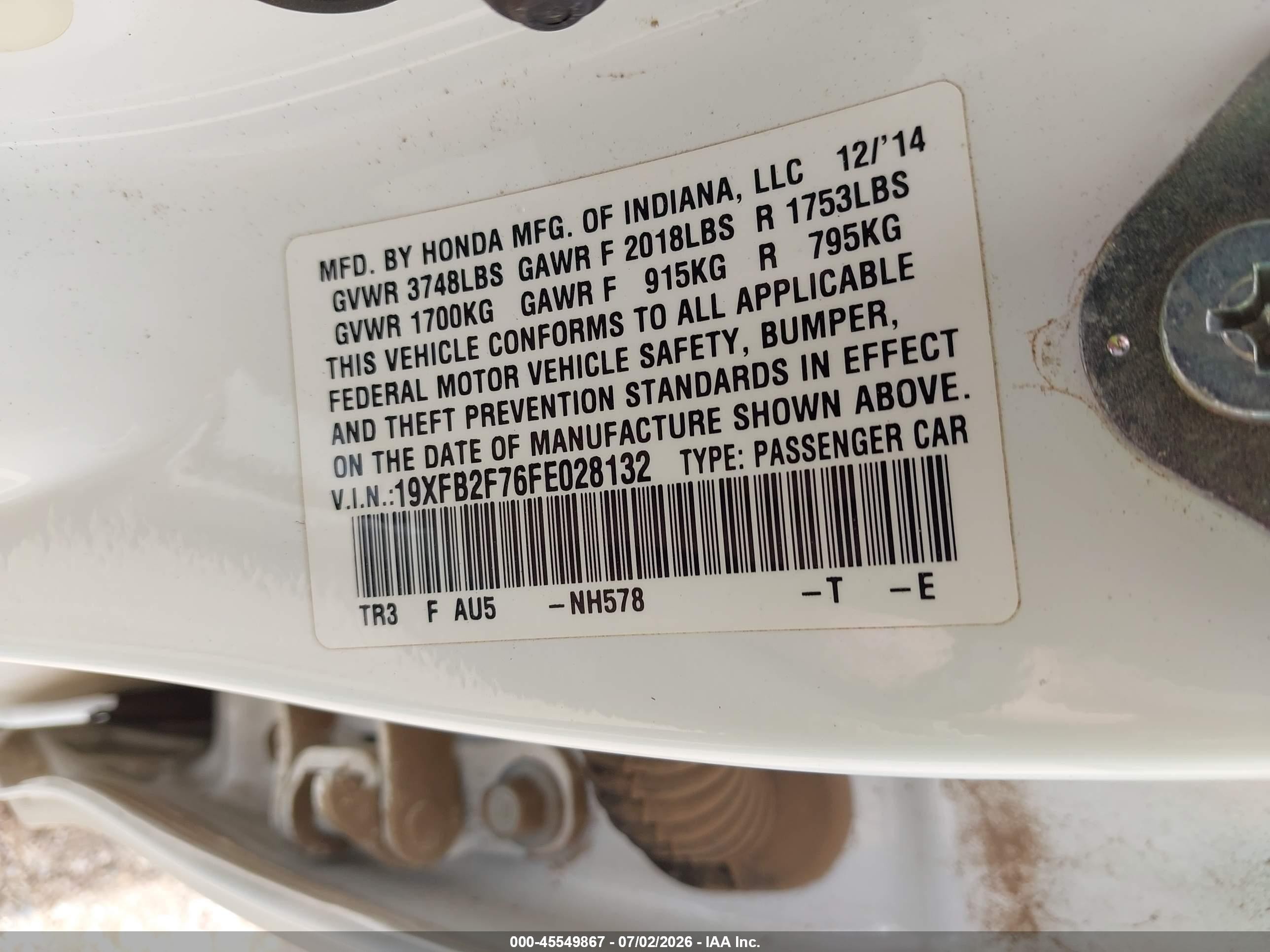 2015 Honda Civic Se White vin: 19XFB2F76FE028132
