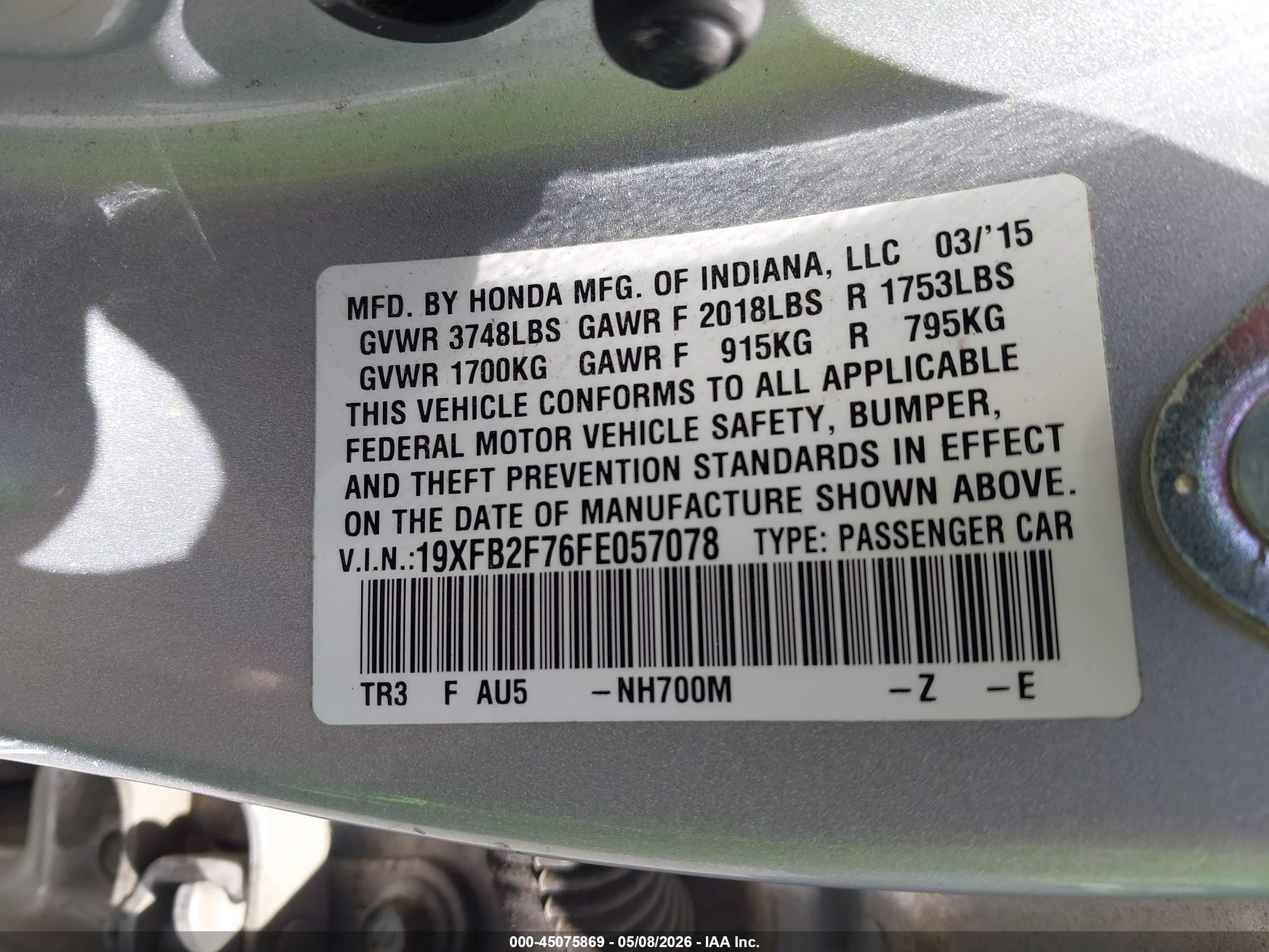 2015 Honda Civic Se Silver vin: 19XFB2F76FE057078