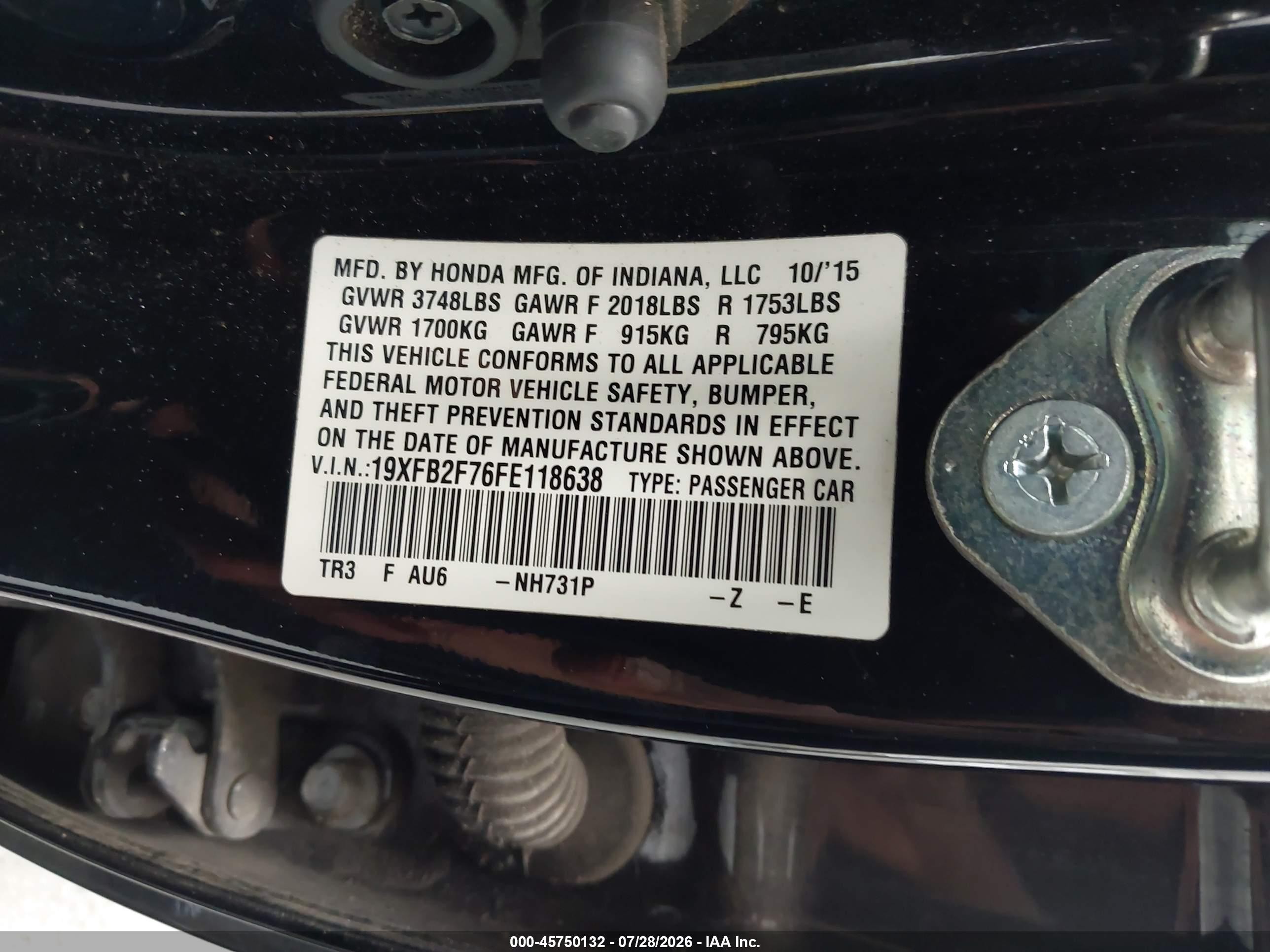 2015 Honda Civic Se Black vin: 19XFB2F76FE118638