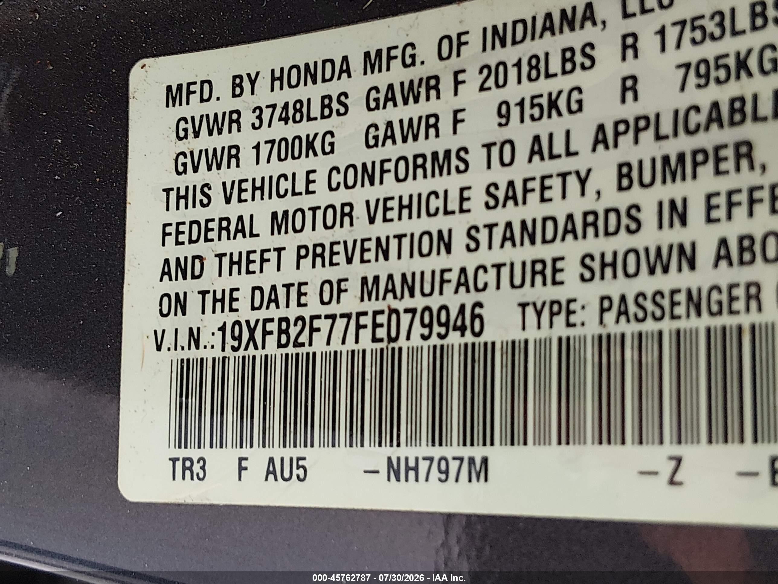 2015 Honda Civic Se Gray vin: 19XFB2F77FE079946