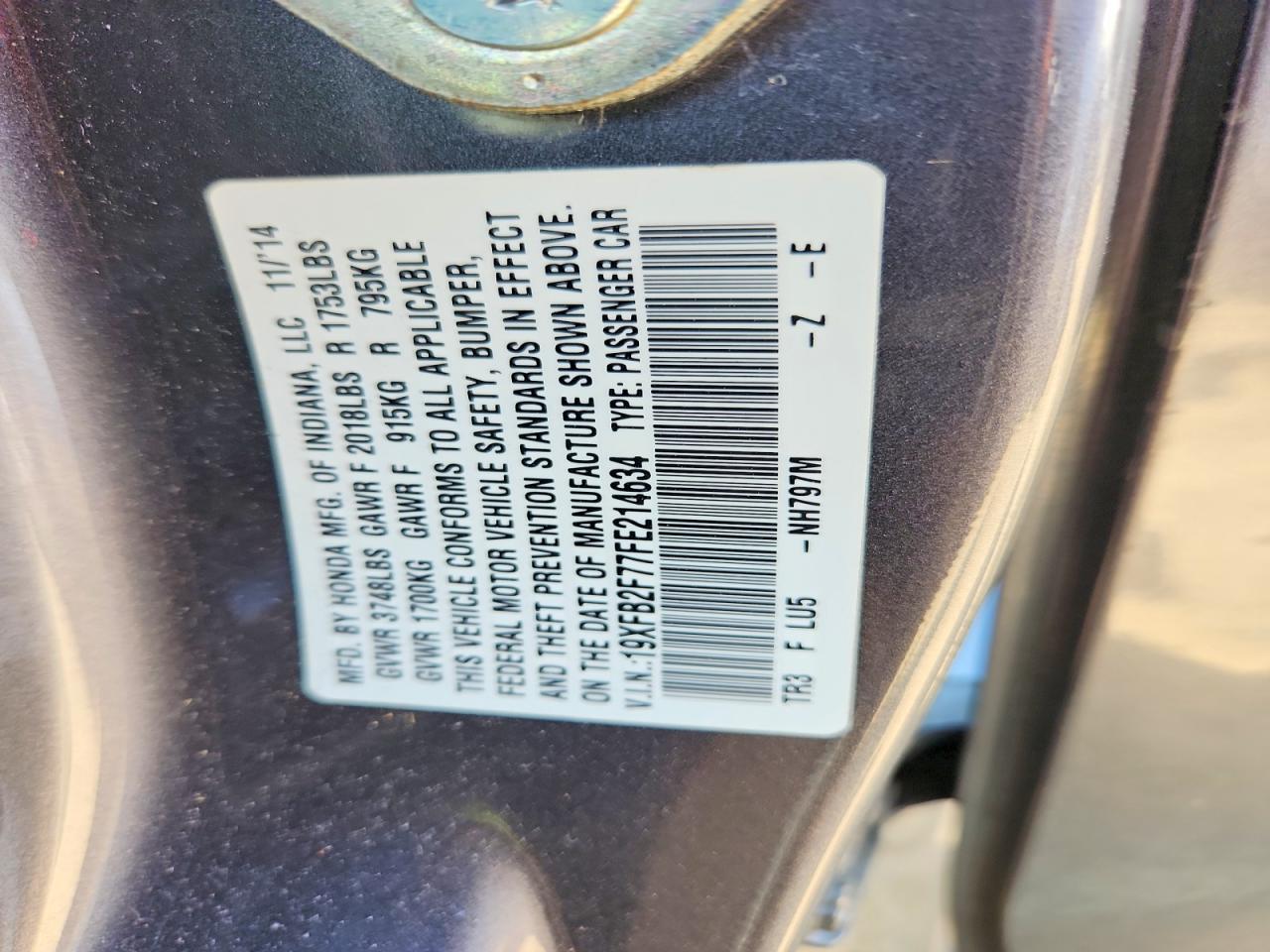 2015 Honda Civic Se Gray vin: 19XFB2F77FE214634