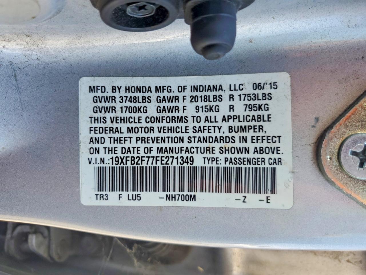 2015 Honda Civic Se Silver vin: 19XFB2F77FE271349