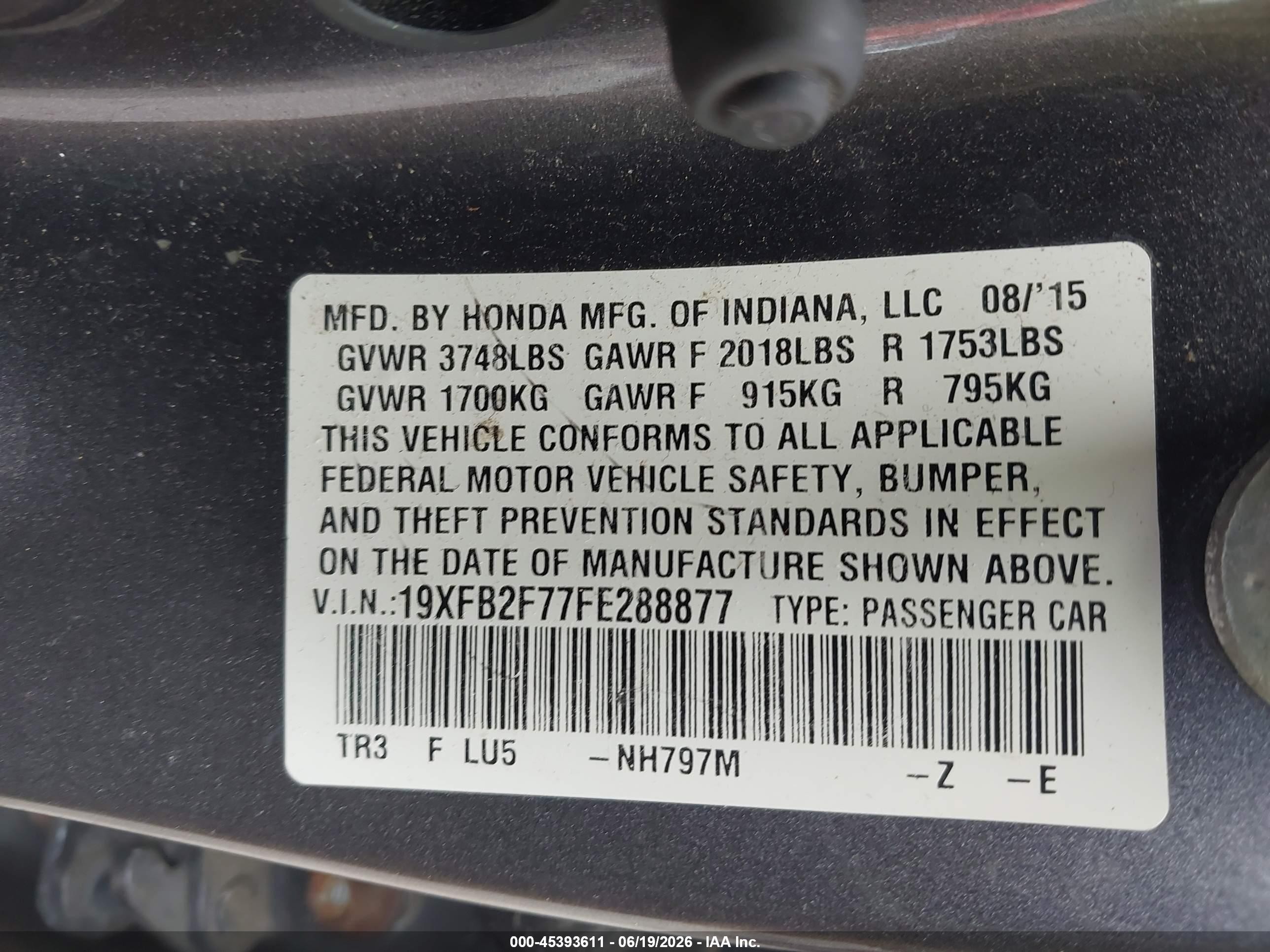 2015 Honda Civic Se Gray vin: 19XFB2F77FE288877