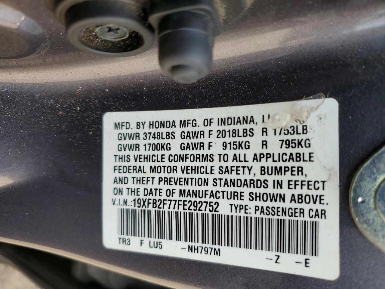2015 Honda Civic Se Gray vin: 19XFB2F77FE292752