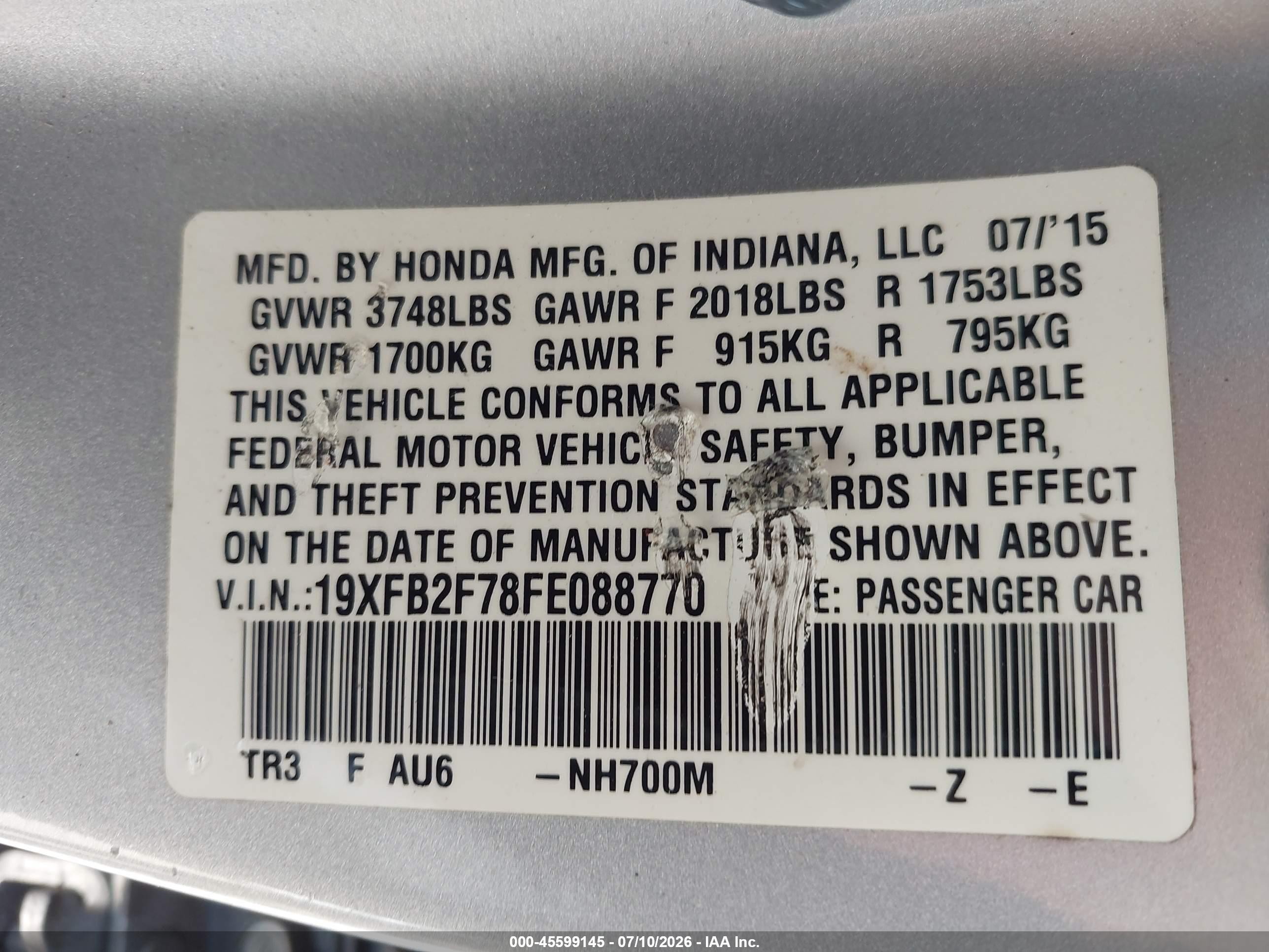 2015 Honda Civic Se Серебряный vin: 19XFB2F78FE088770