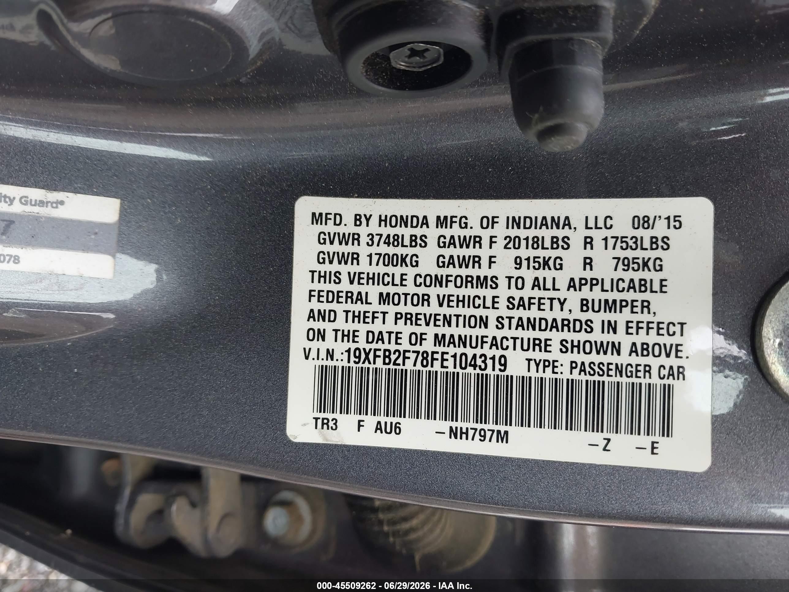 2015 Honda Civic Se Gray vin: 19XFB2F78FE104319