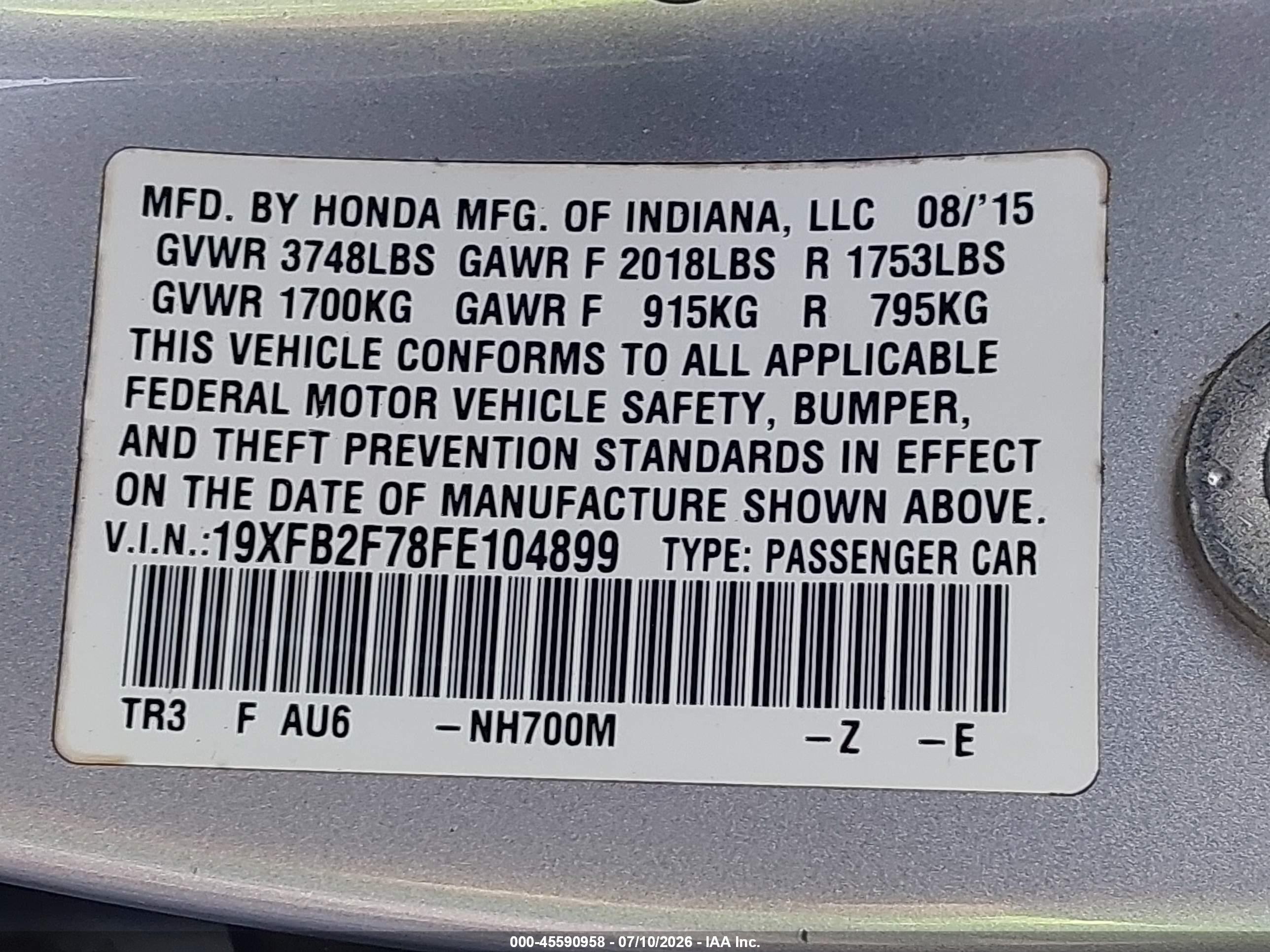 2015 Honda Civic Se Silver vin: 19XFB2F78FE104899