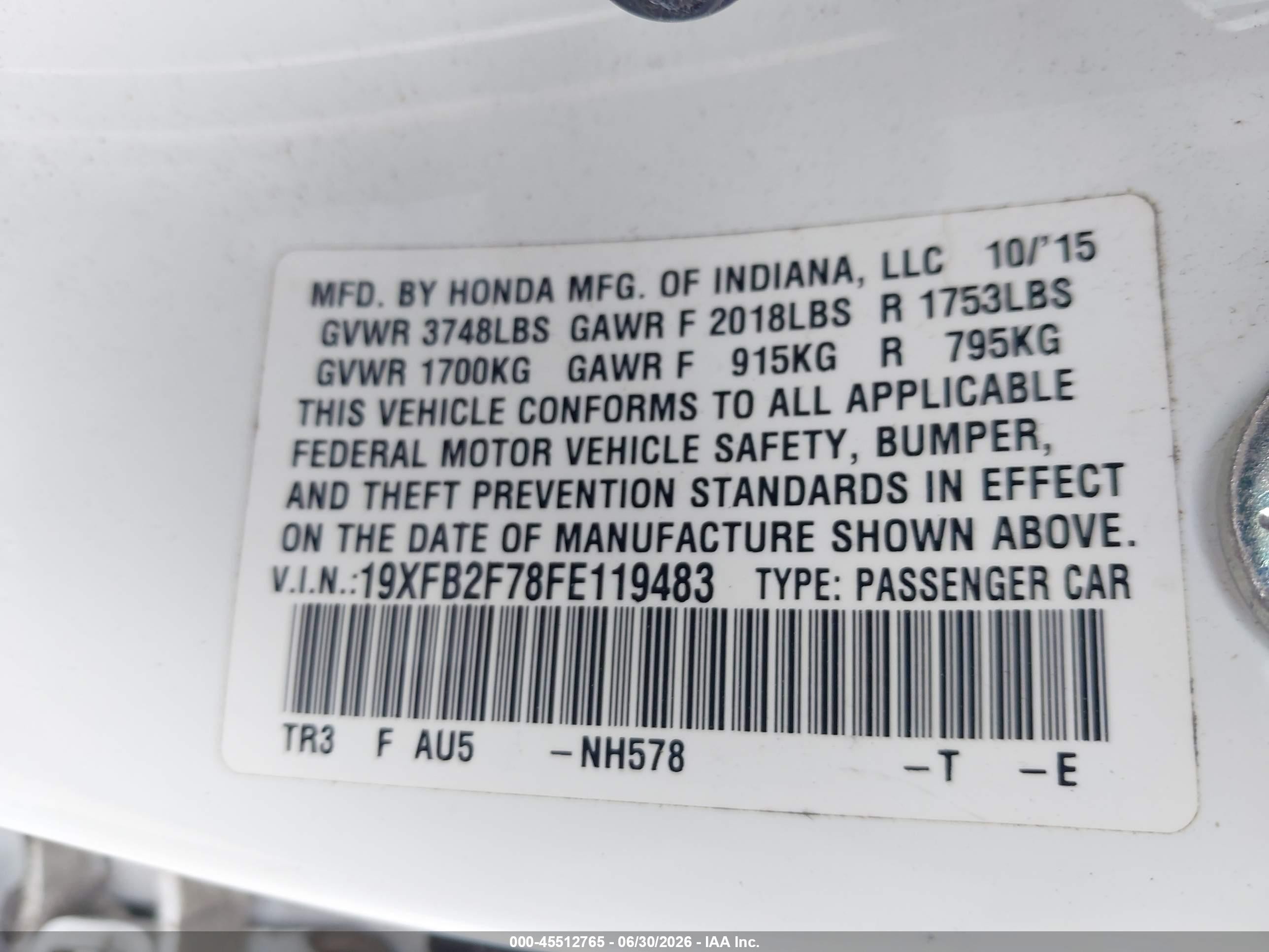 2015 Honda Civic Se White vin: 19XFB2F78FE119483