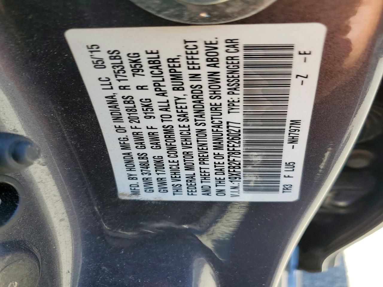 2015 Honda Civic Se Серый vin: 19XFB2F78FE260277