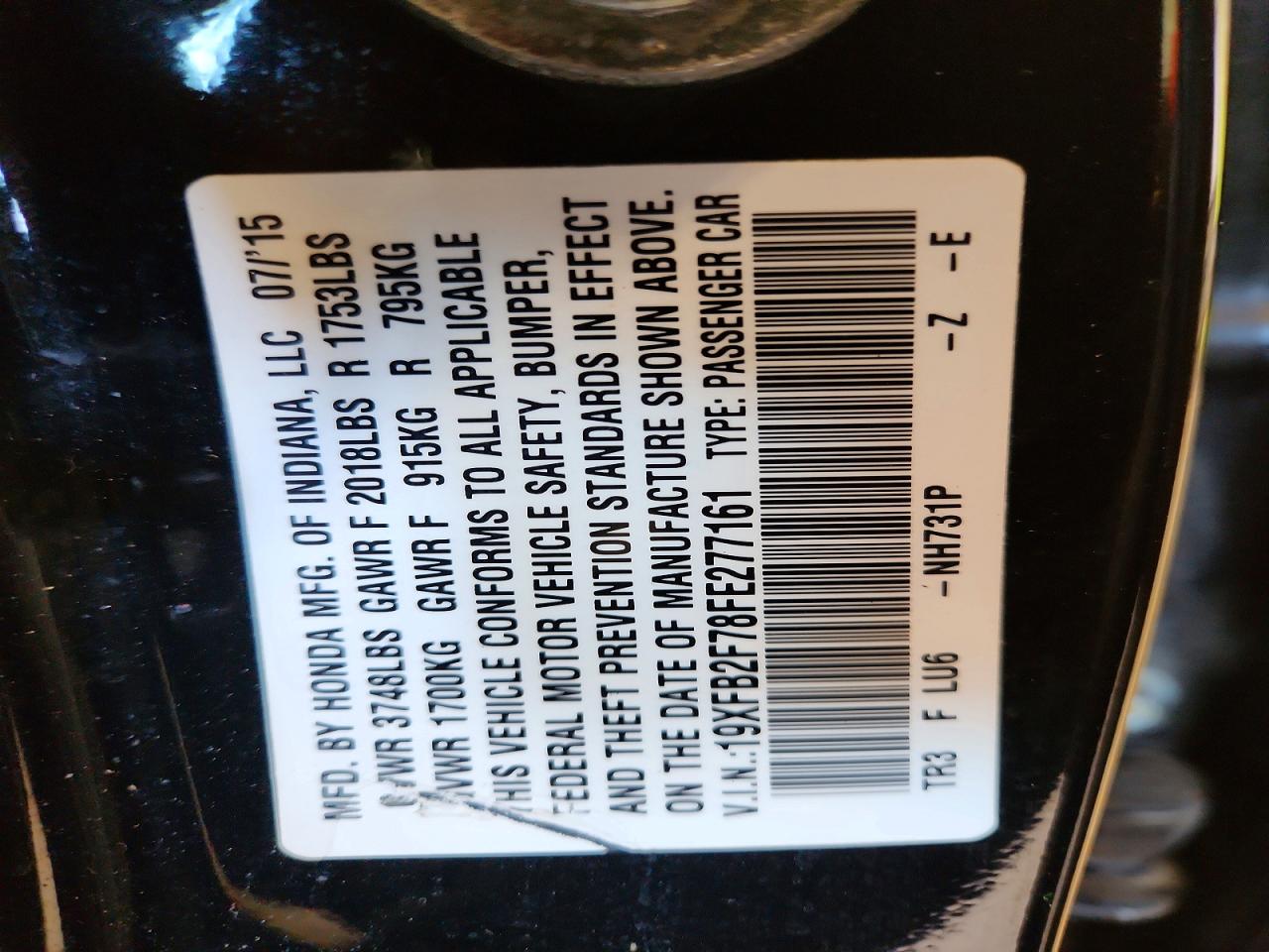 2015 Honda Civic Se Черный vin: 19XFB2F78FE277161