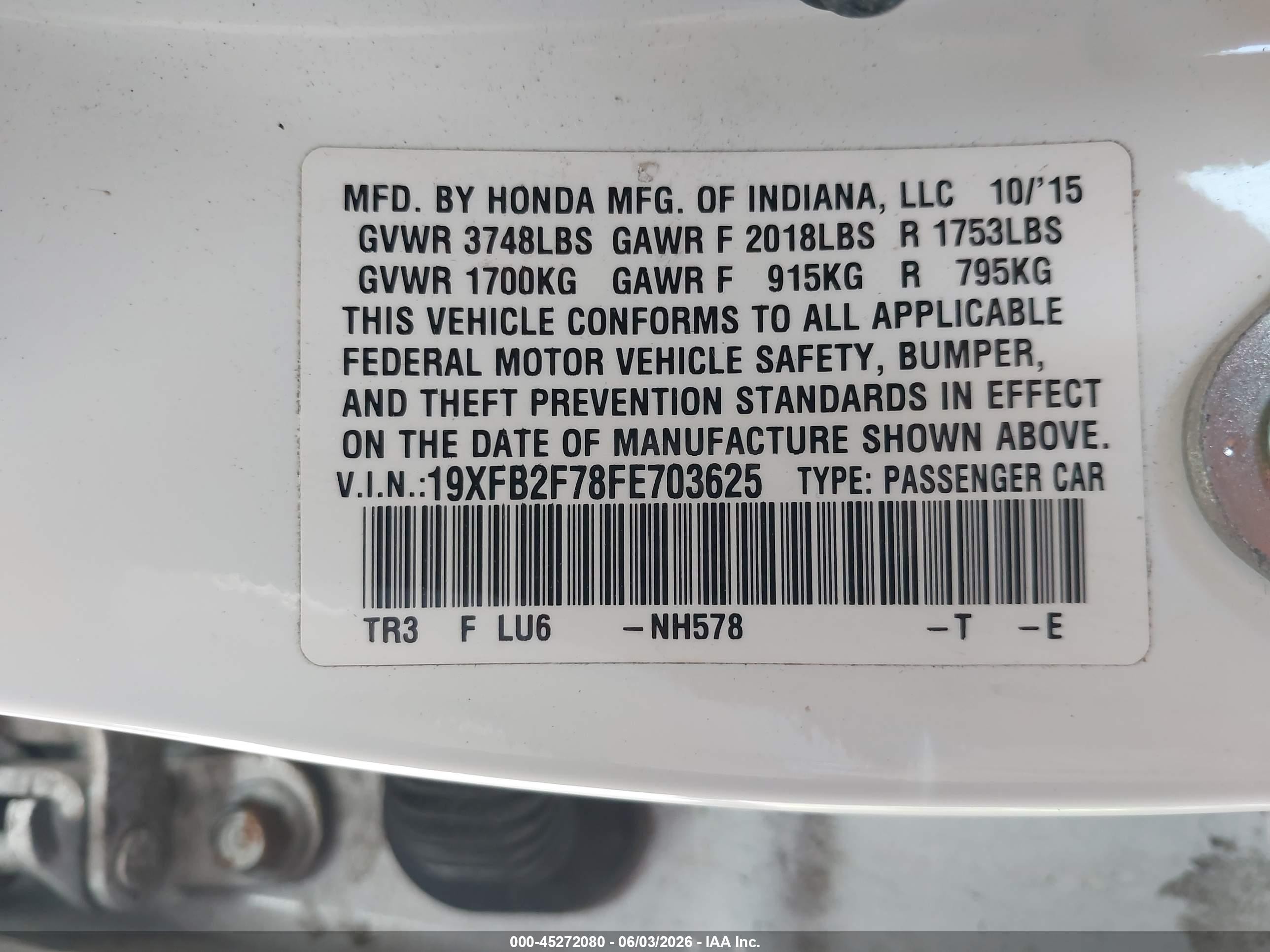 2015 Honda Civic Se Белый vin: 19XFB2F78FE703625