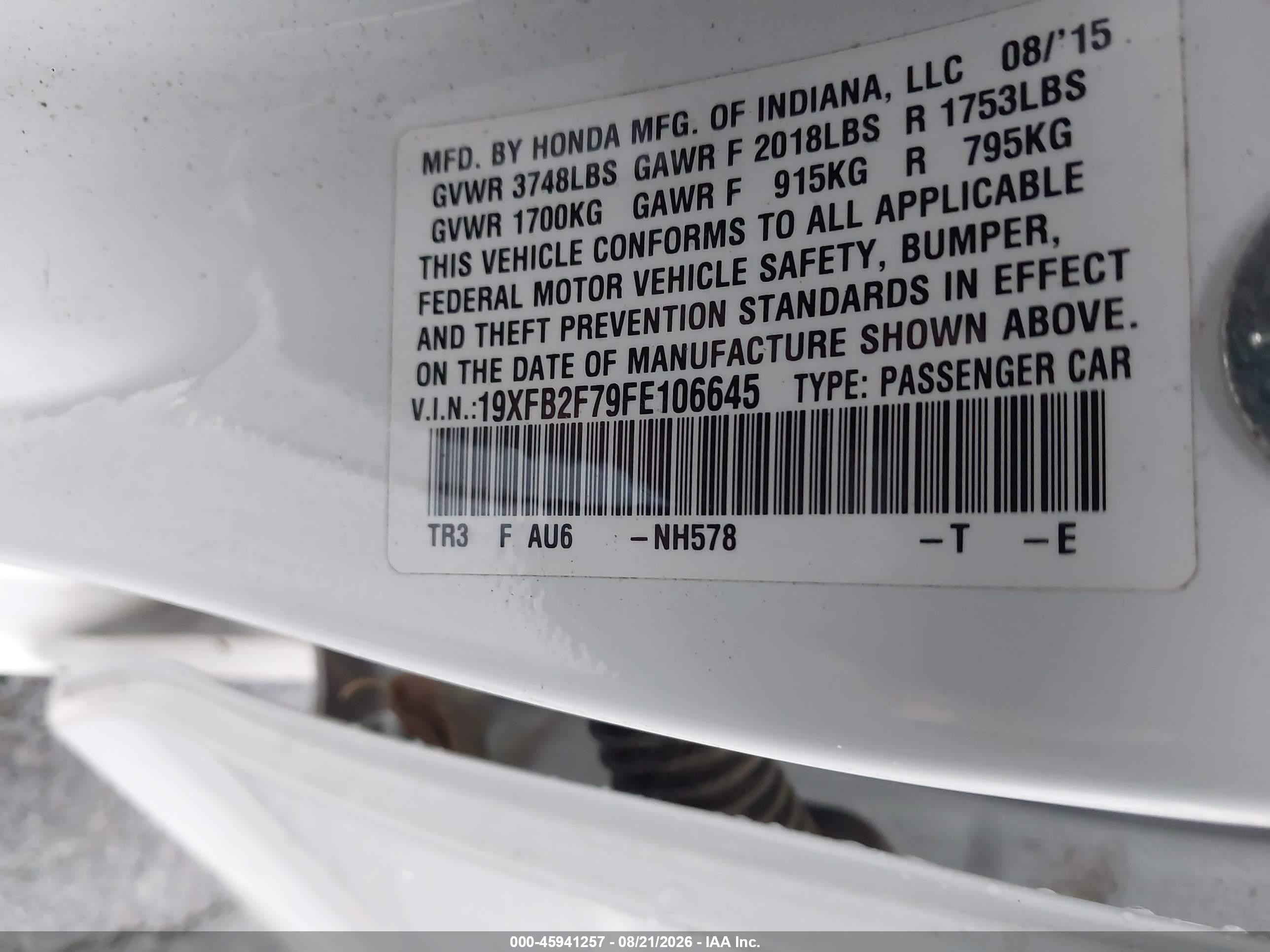 2015 Honda Civic Se White vin: 19XFB2F79FE106645