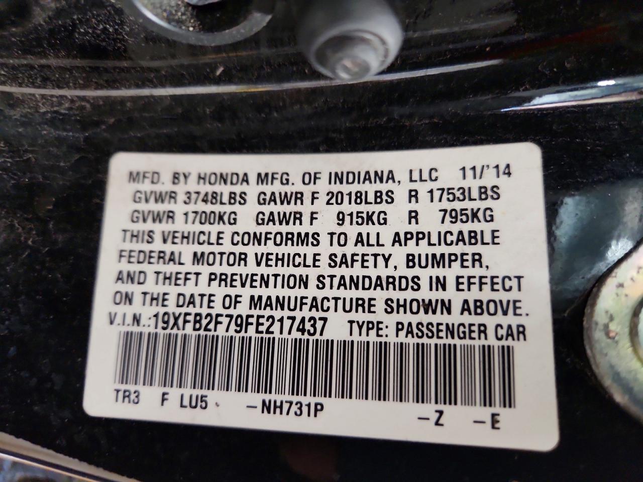 2015 Honda Civic Se Black vin: 19XFB2F79FE217437