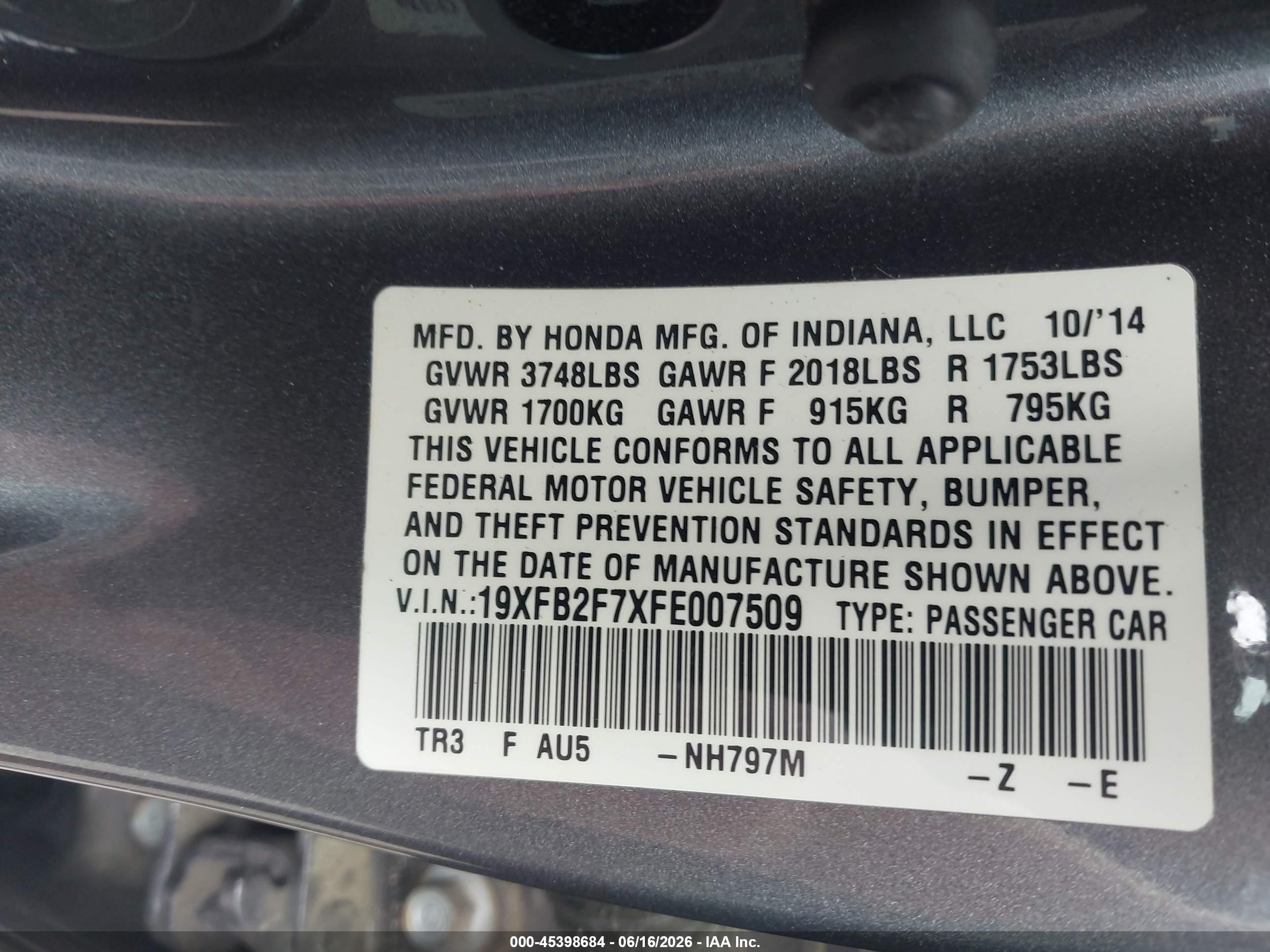 2015 Honda Civic Se Gray vin: 19XFB2F7XFE007509