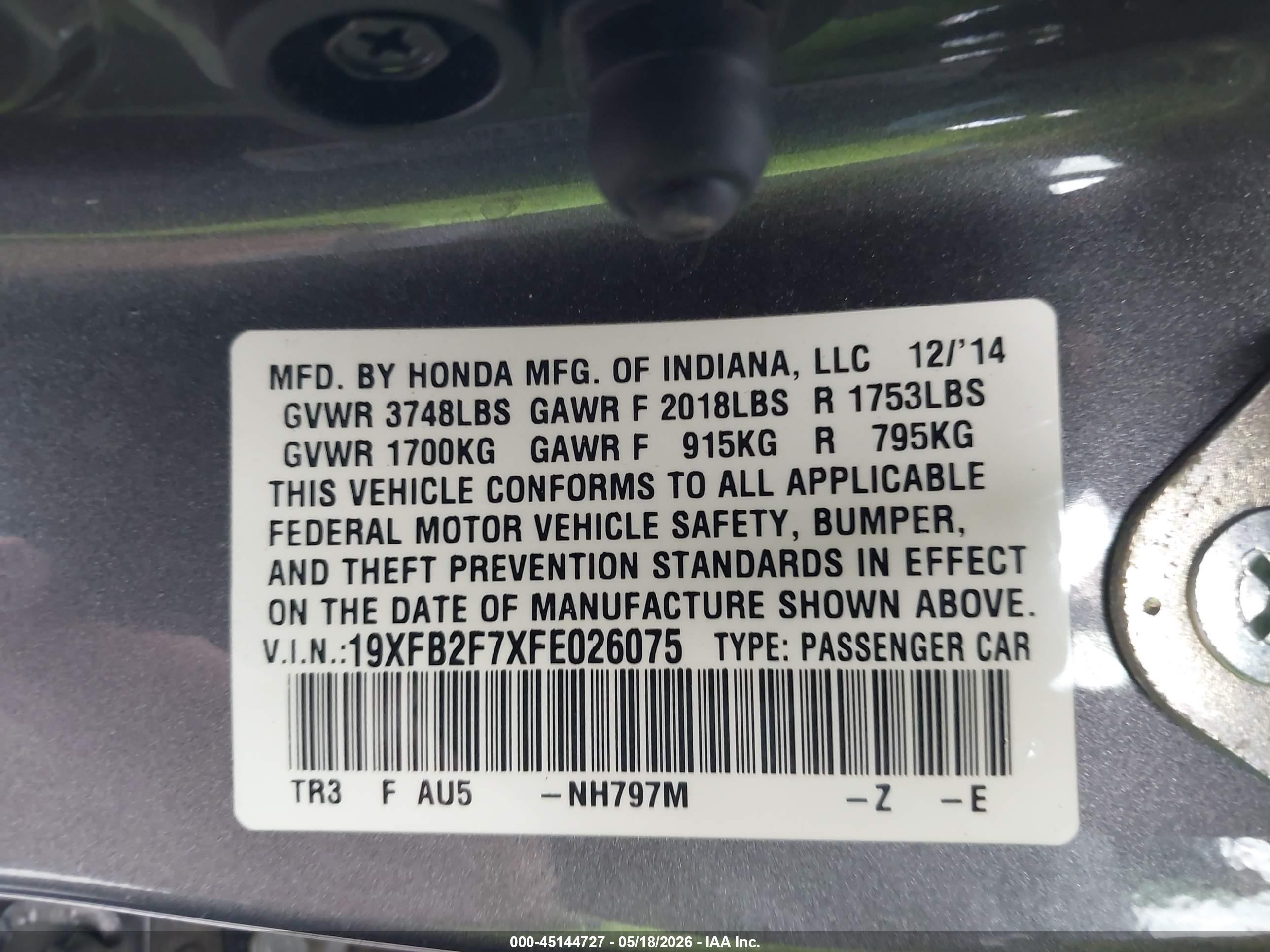 2015 Honda Civic Se Gray vin: 19XFB2F7XFE026075