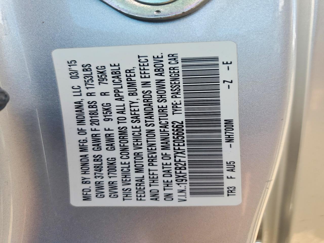2015 Honda Civic Se Silver vin: 19XFB2F7XFE056662