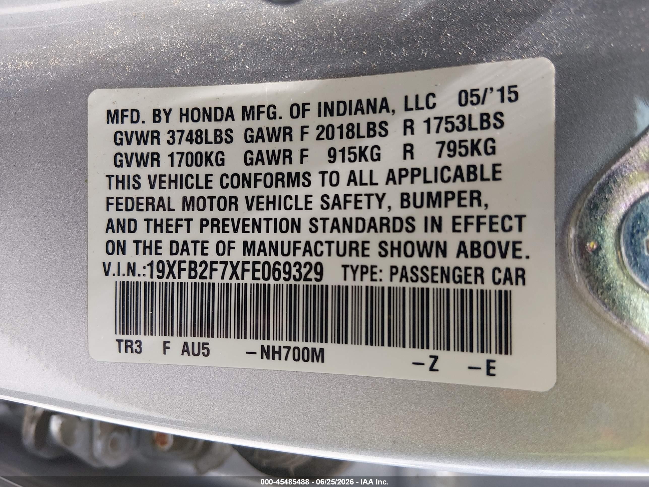 2015 Honda Civic Se Silver vin: 19XFB2F7XFE069329