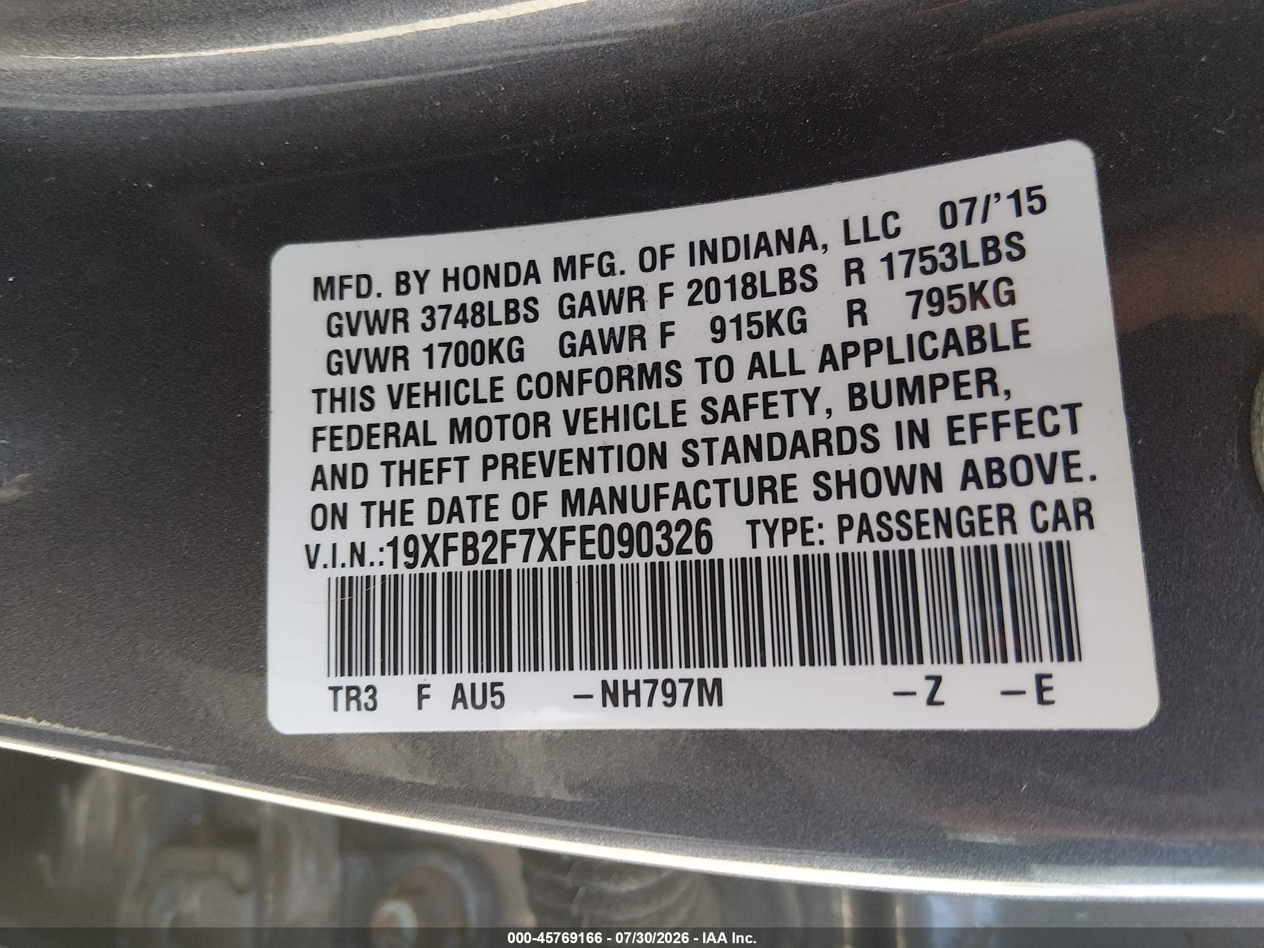 2015 Honda Civic Se Gray vin: 19XFB2F7XFE090326