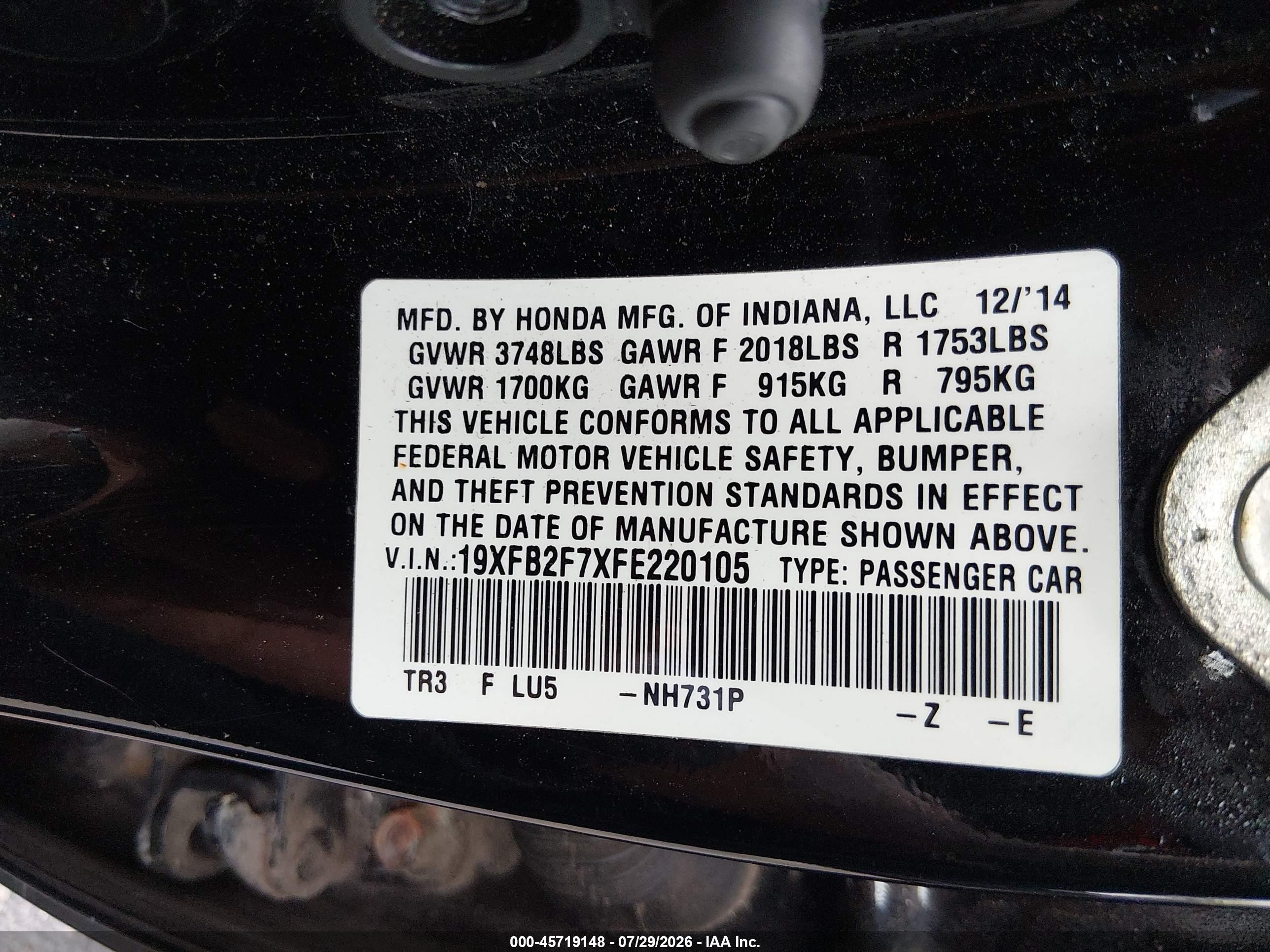 2015 Honda Civic Se Black vin: 19XFB2F7XFE220105