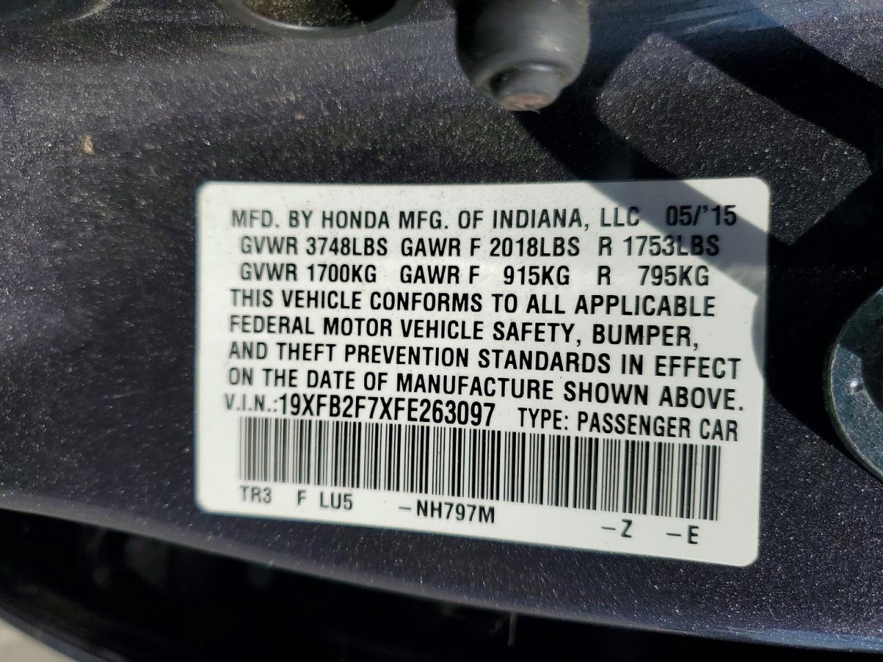 2015 Honda Civic Se Серый vin: 19XFB2F7XFE263097