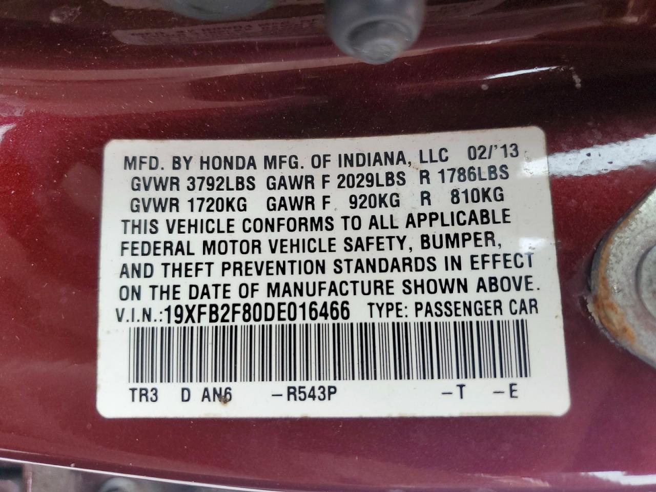 2013 Honda Civic Ex Бордовый vin: 19XFB2F80DE016466