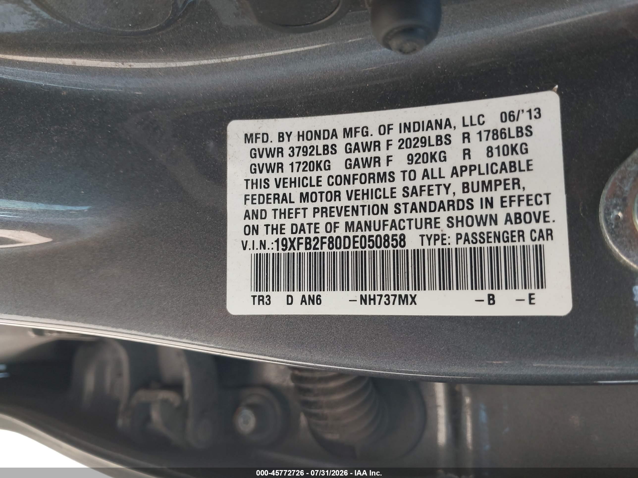 2013 Honda Civic Ex Gray vin: 19XFB2F80DE050858