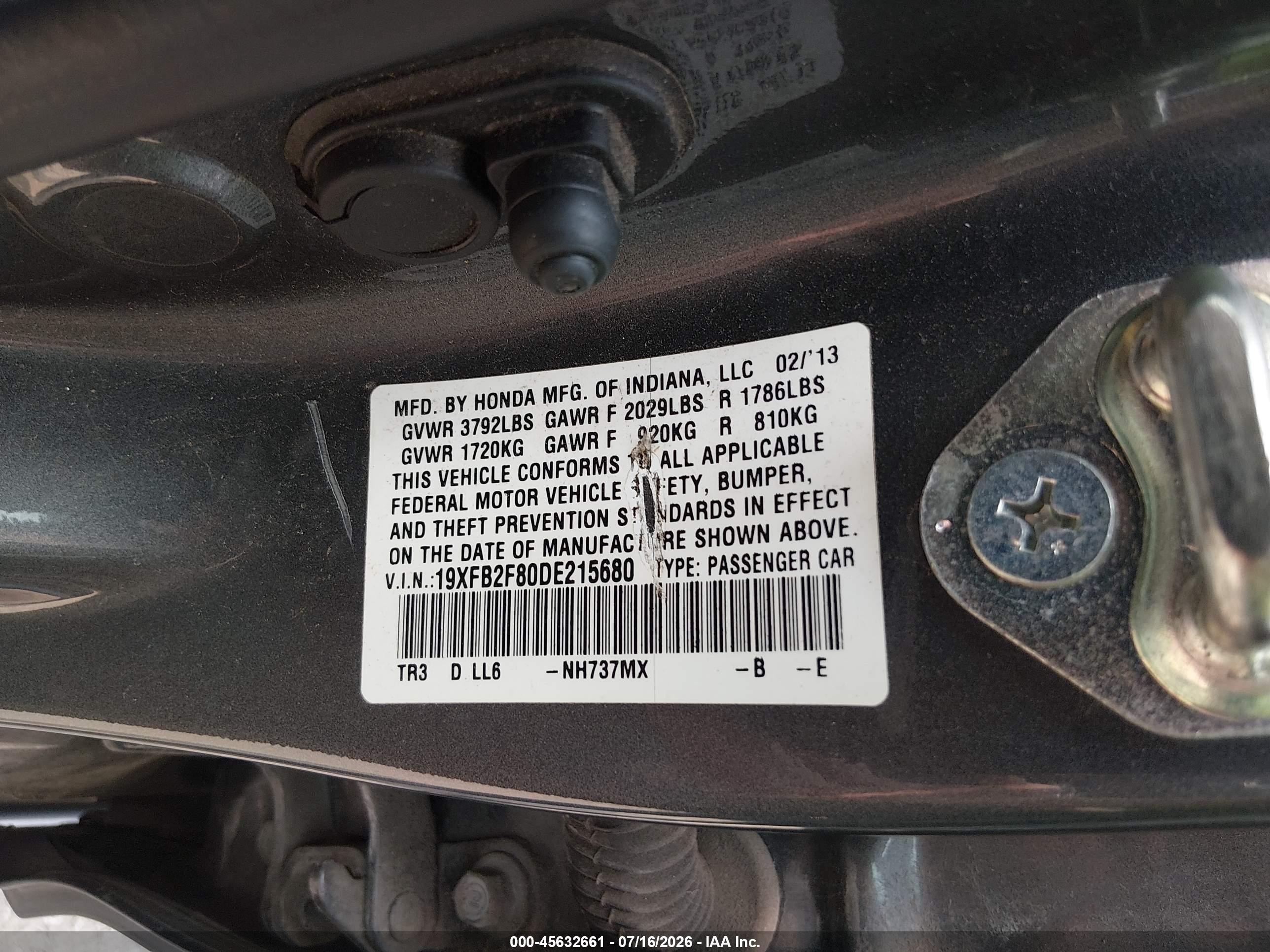 2013 Honda Civic Ex Серый vin: 19XFB2F80DE215680