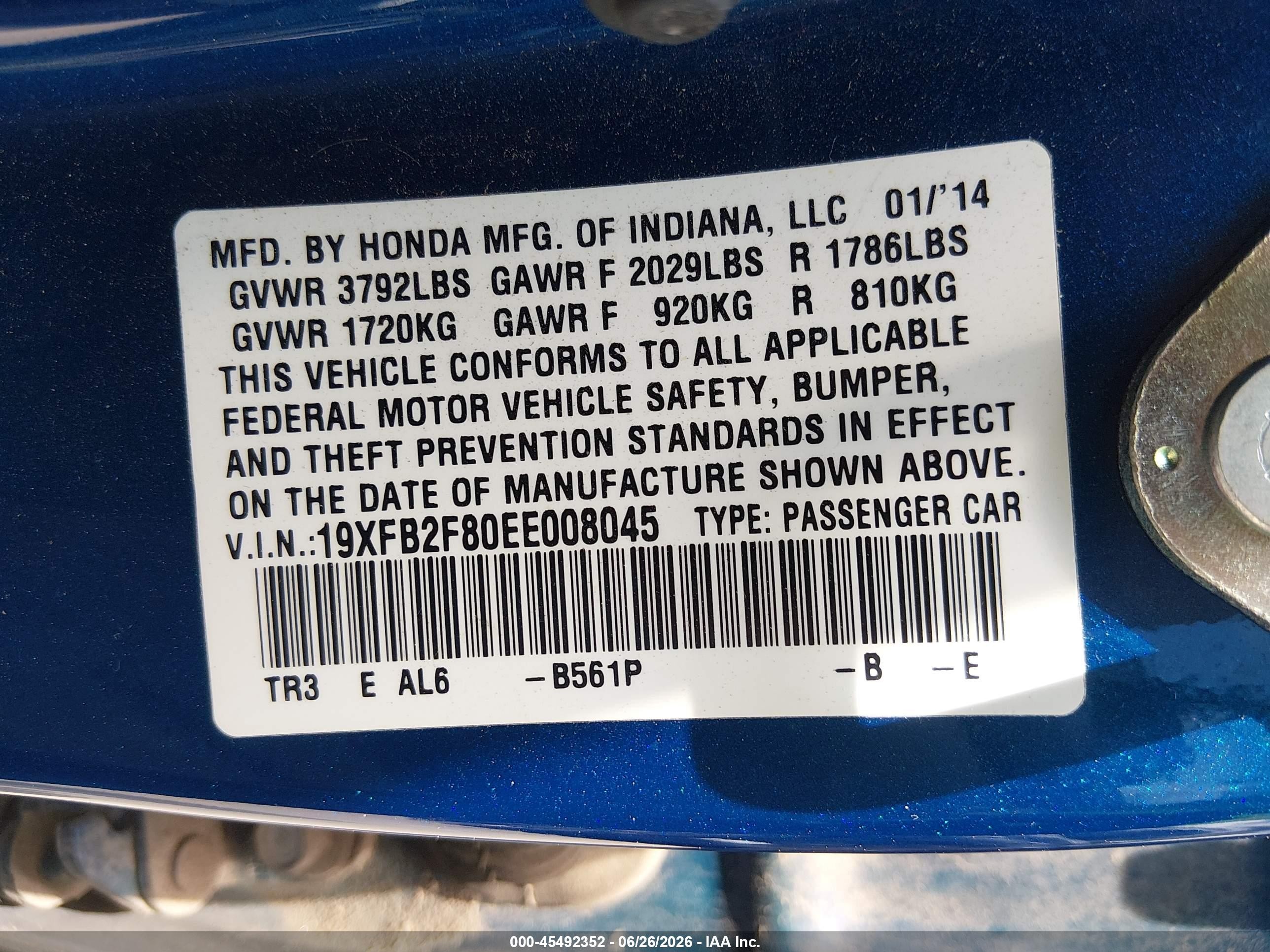 2014 Honda Civic Ex Blue vin: 19XFB2F80EE008045
