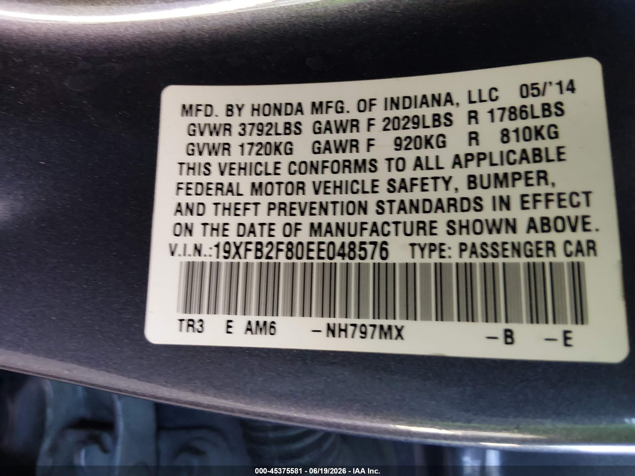 2014 Honda Civic Ex Gray vin: 19XFB2F80EE048576