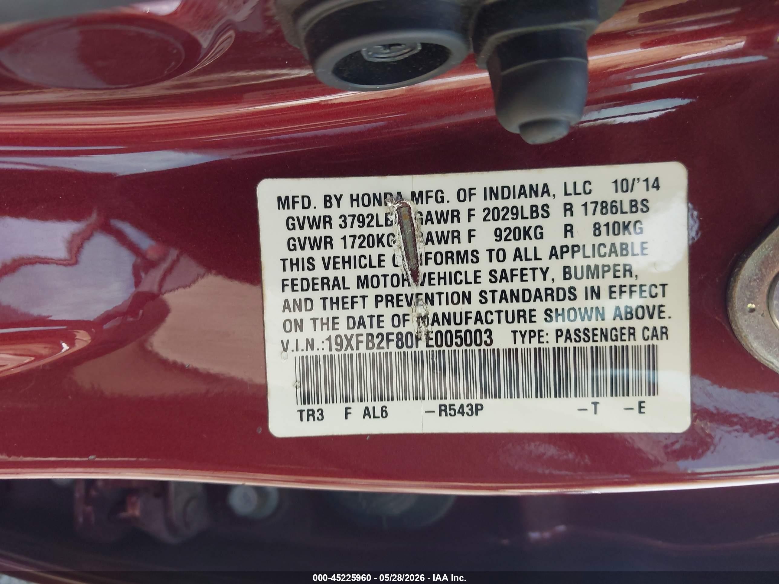 2015 Honda Civic Ex Burgundy vin: 19XFB2F80FE005003