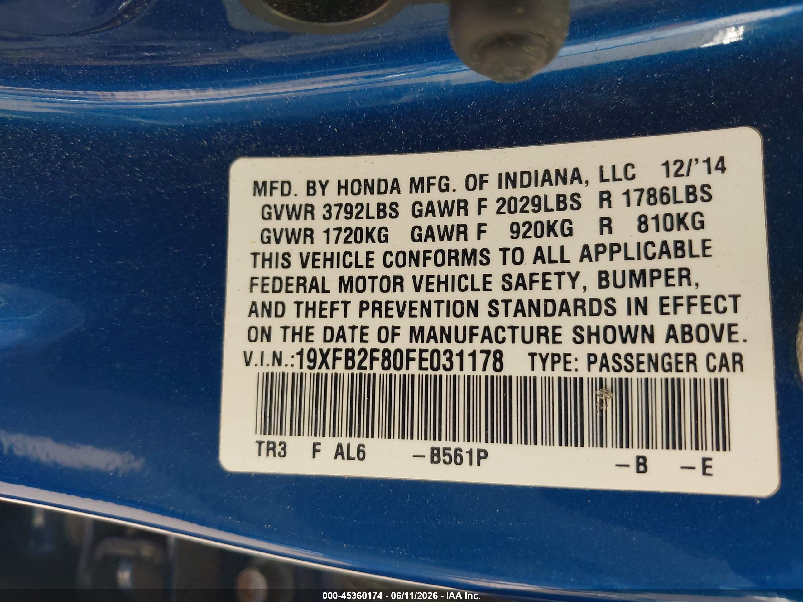 2015 Honda Civic Ex Blue vin: 19XFB2F80FE031178