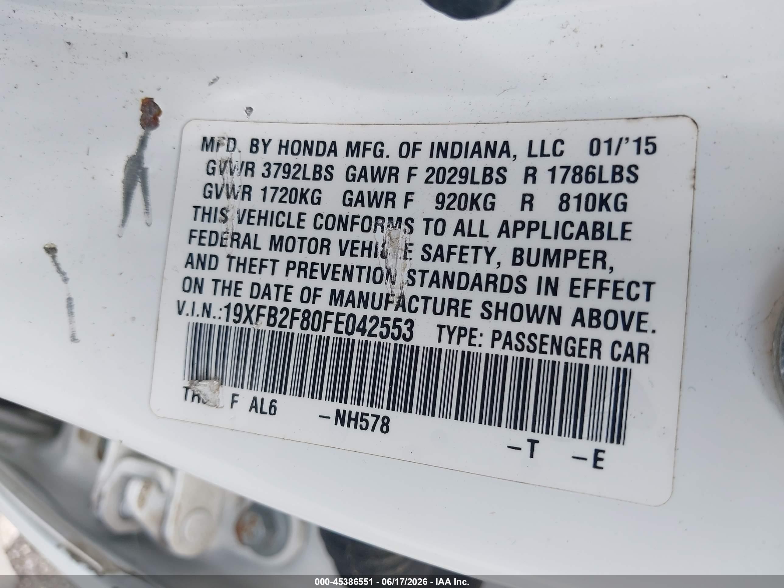 2015 Honda Civic Ex White vin: 19XFB2F80FE042553