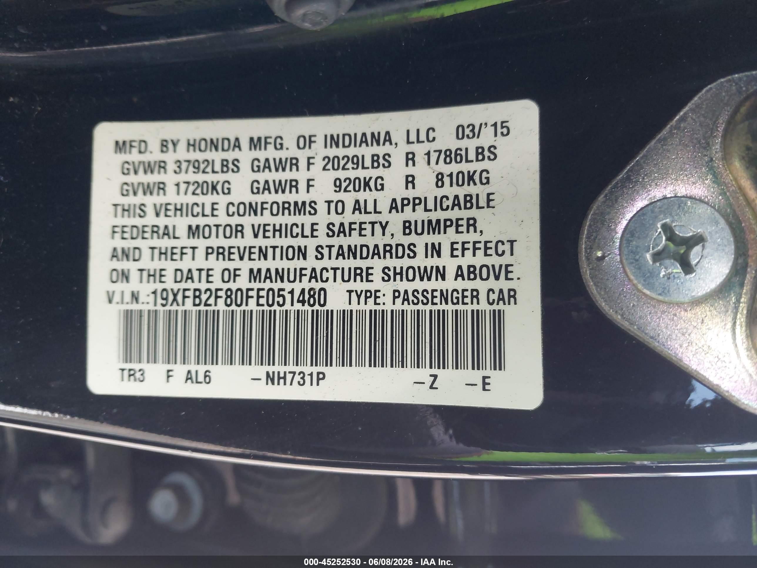 2015 Honda Civic Ex Black vin: 19XFB2F80FE051480