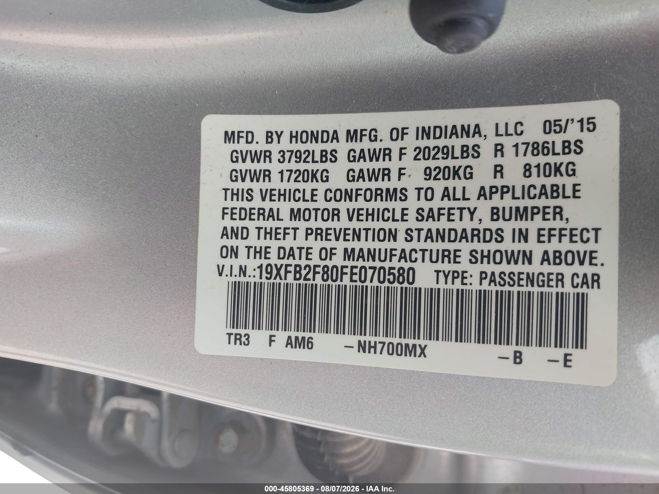 2015 Honda Civic Ex Silver vin: 19XFB2F80FE070580