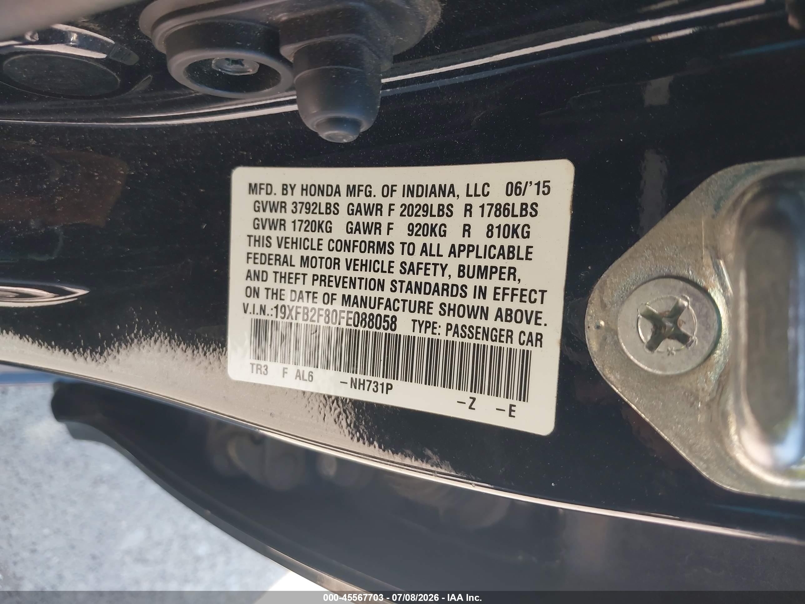 2015 Honda Civic Ex Black vin: 19XFB2F80FE088058