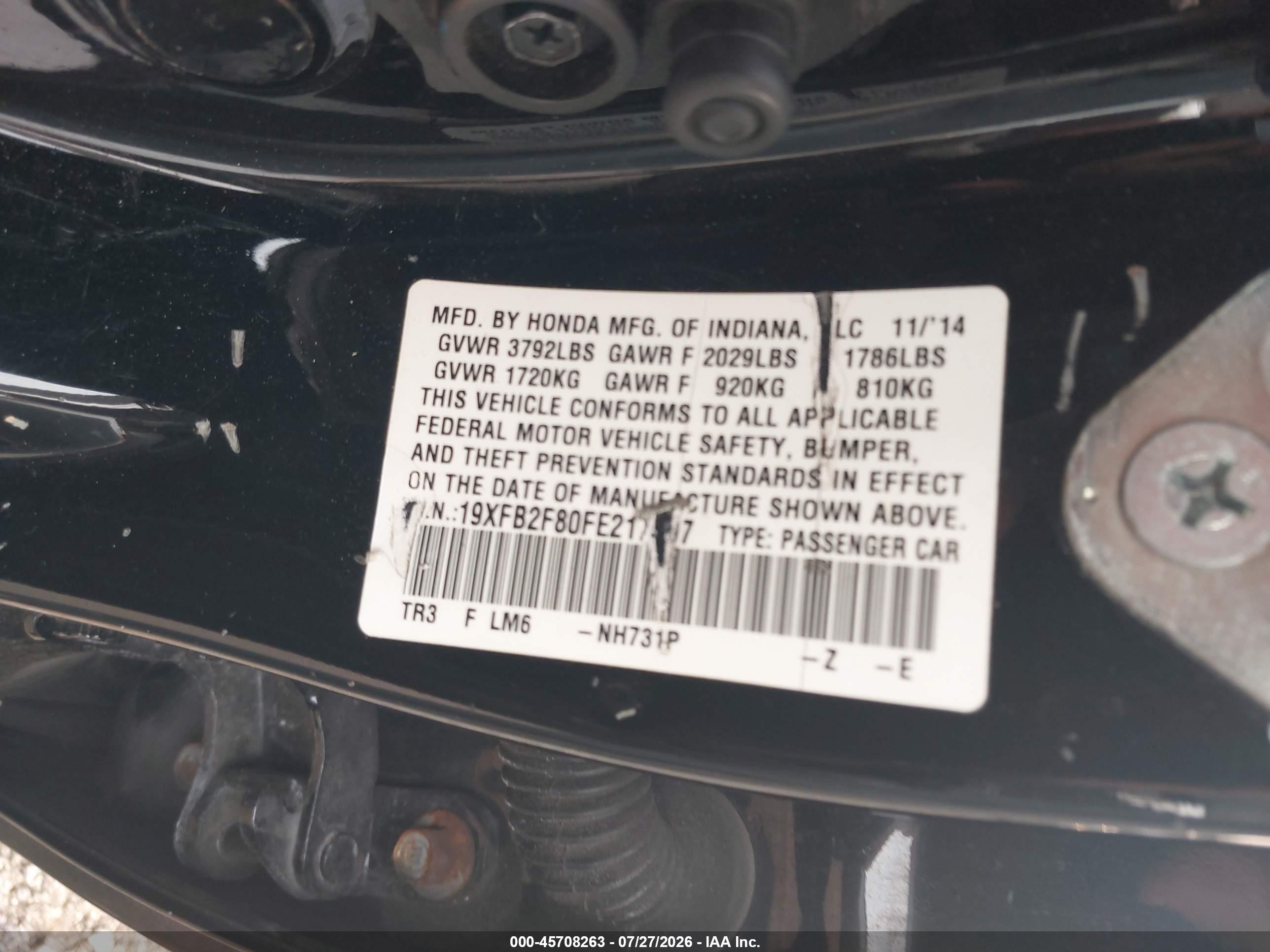2015 Honda Civic Ex Black vin: 19XFB2F80FE217397