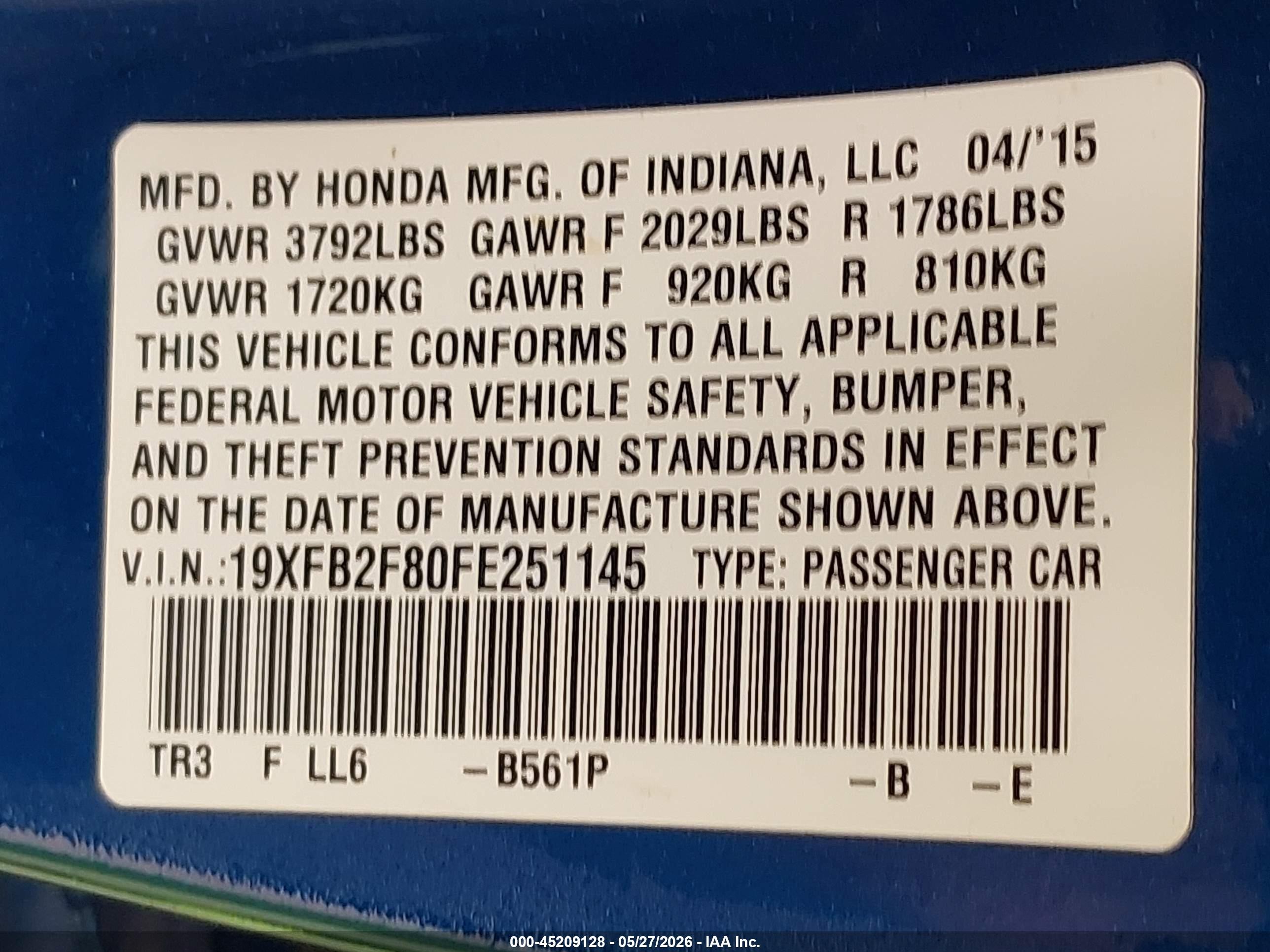 2015 Honda Civic Ex Blue vin: 19XFB2F80FE251145