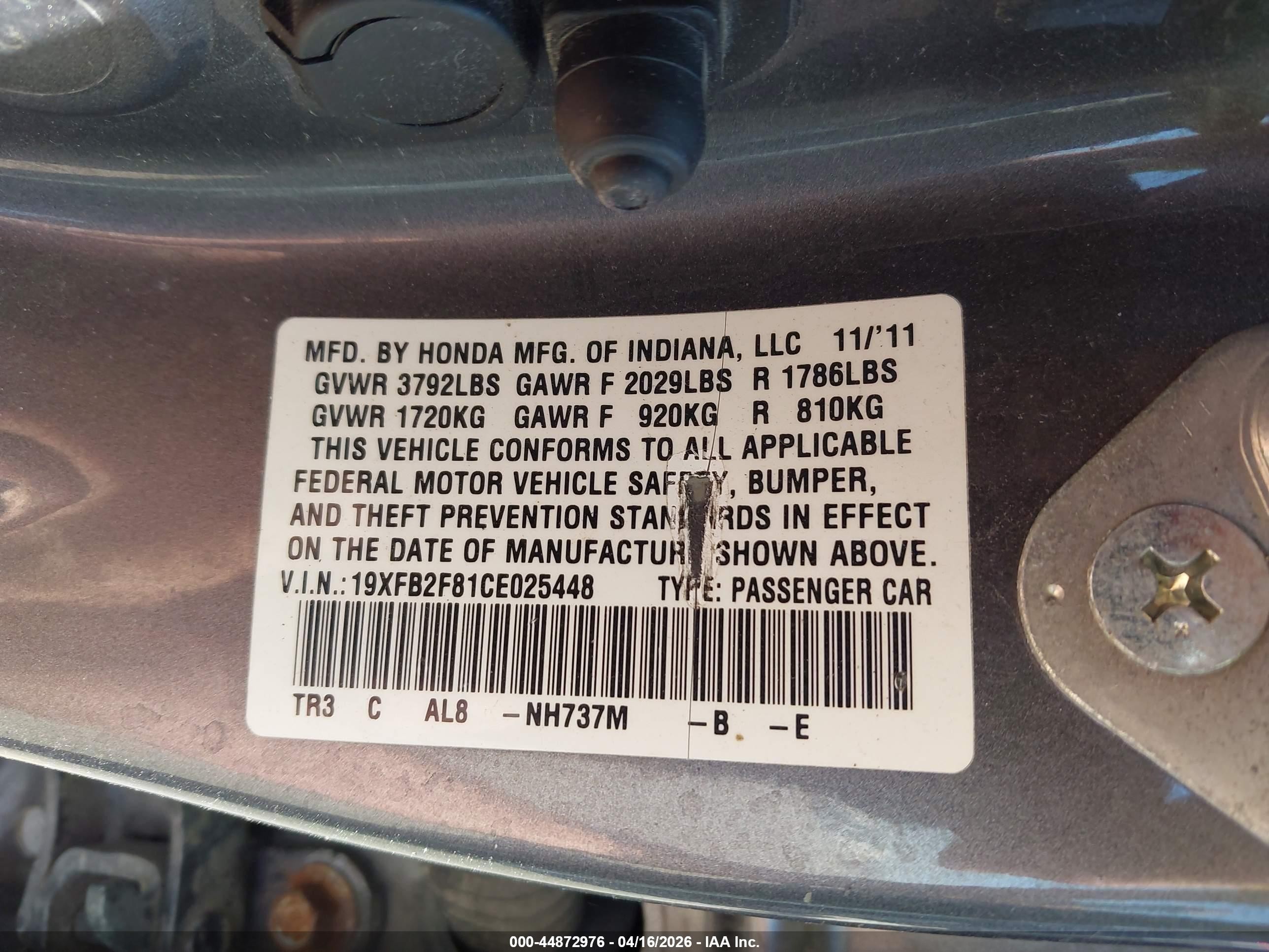 2012 Honda Civic Ex Gray vin: 19XFB2F81CE025448