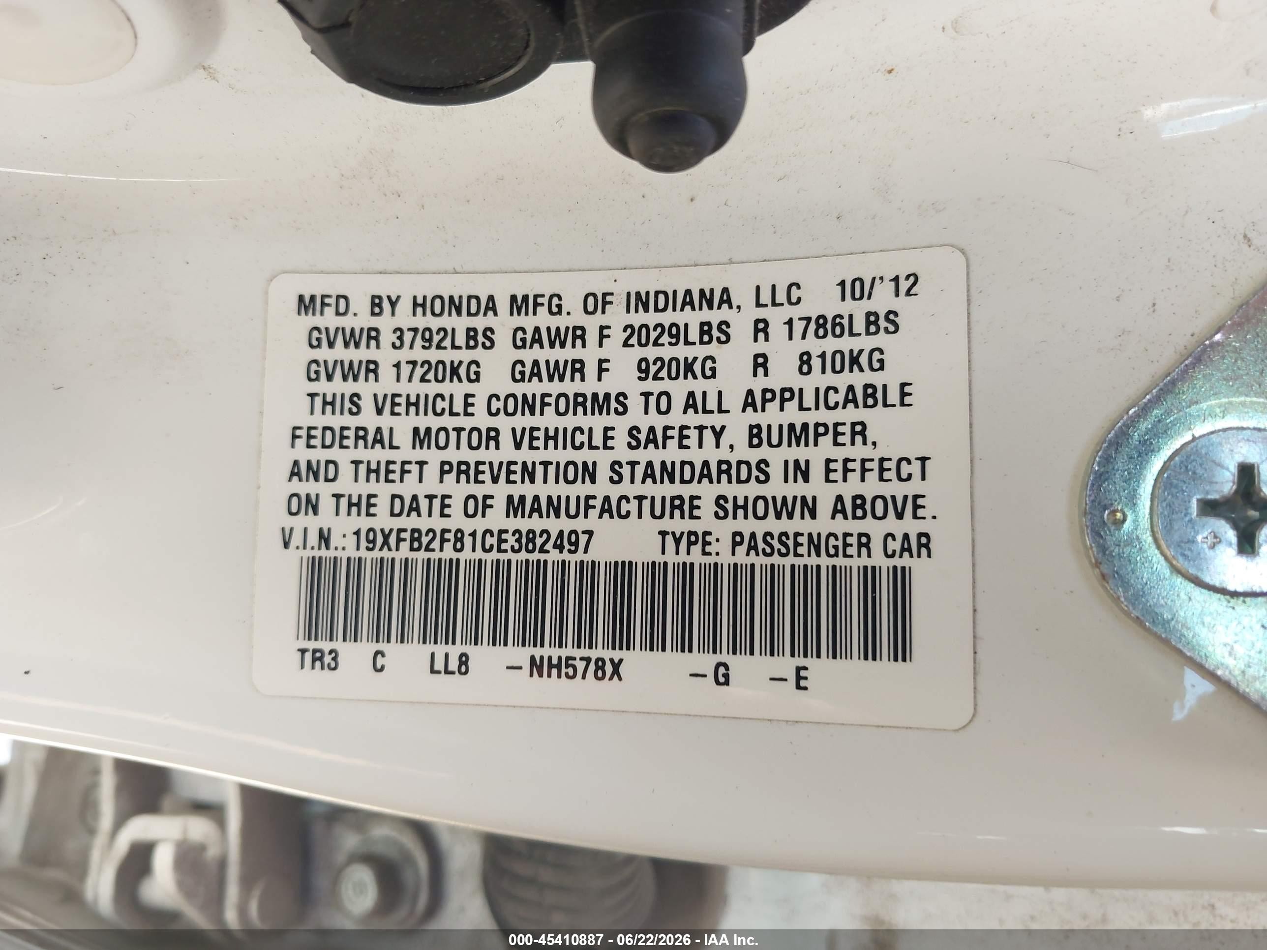 2012 Honda Civic Ex White vin: 19XFB2F81CE382497
